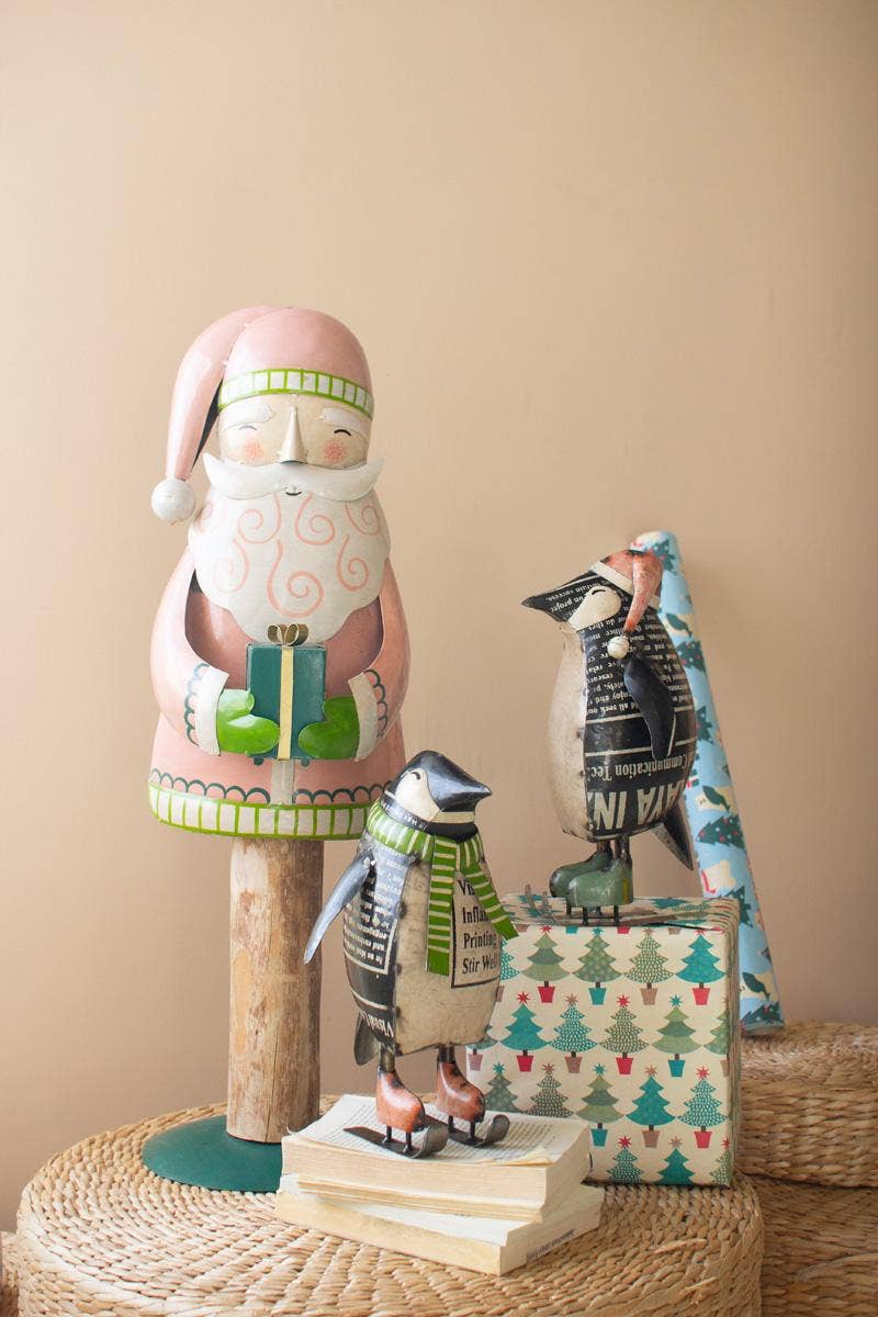 PAINTED METAL SANTA ON WOOD BASE