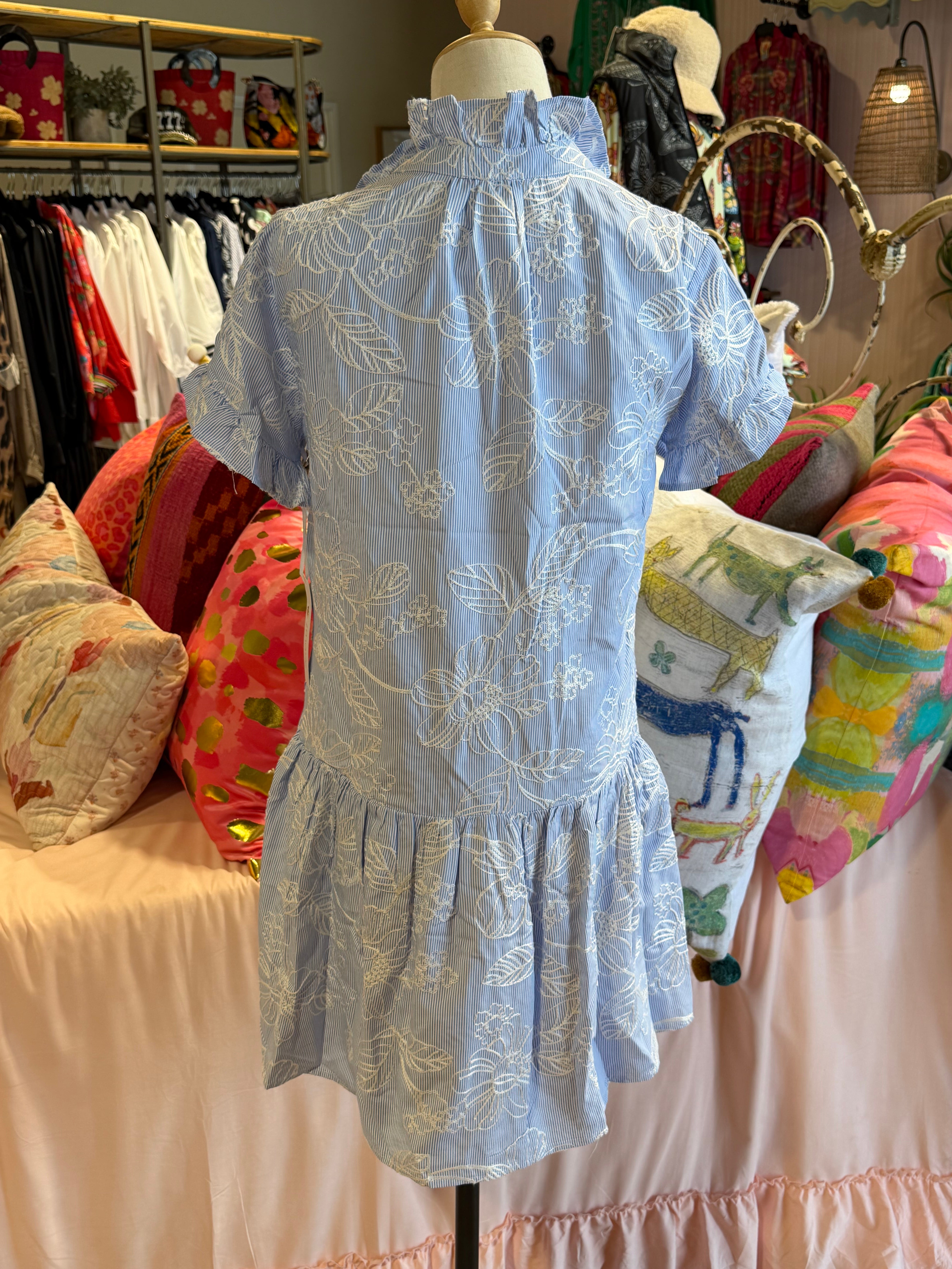 The Calypso Ruffle Button Up Dress - White & Blue Embroidery