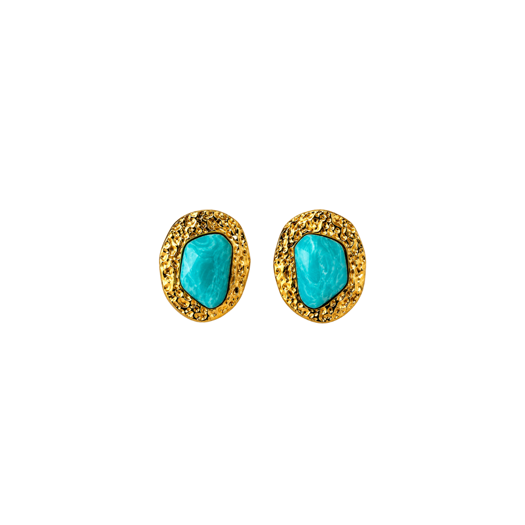 Hammered 18K Gold Brushed Turquoise Stud Earrings