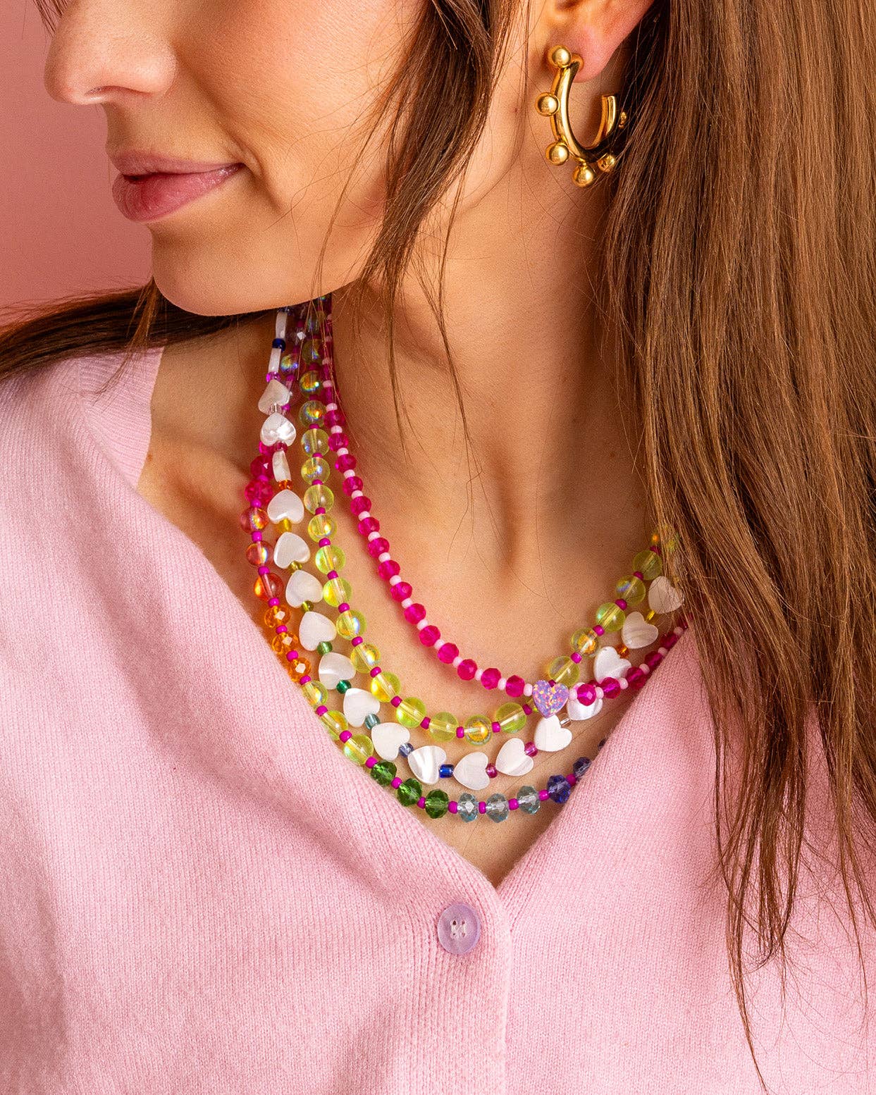 Beaded Necklace - Pearl Hearts + Multi-Colored Beads - Emma