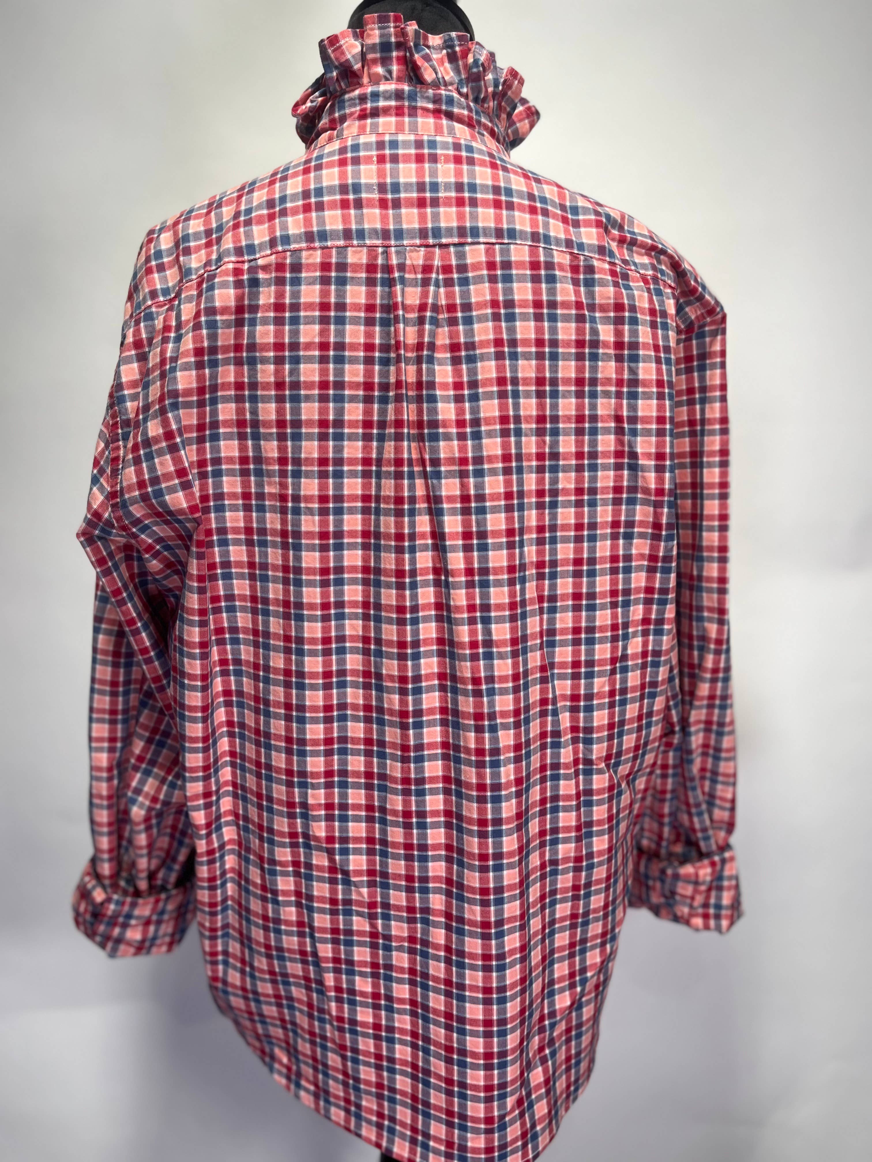 Ruffle Collar Bespoke Womens Shirt Pink/Red/Gray Pld L-XL