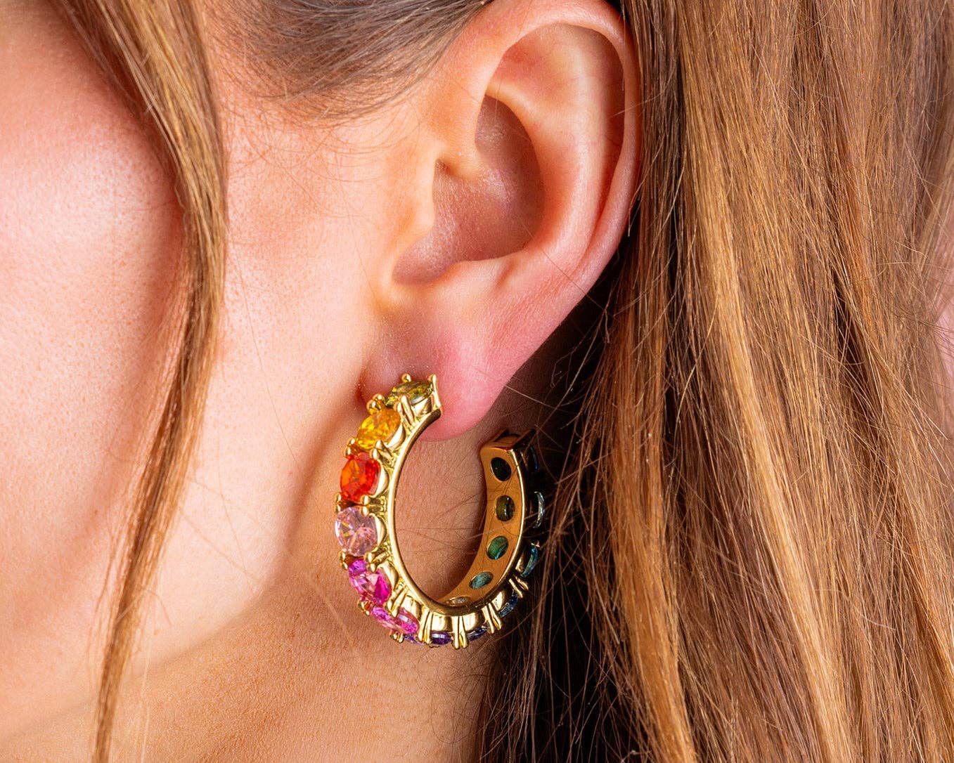 Hoop Earrings - Medium - Gold-Plated w/Colorful Gems - Elise