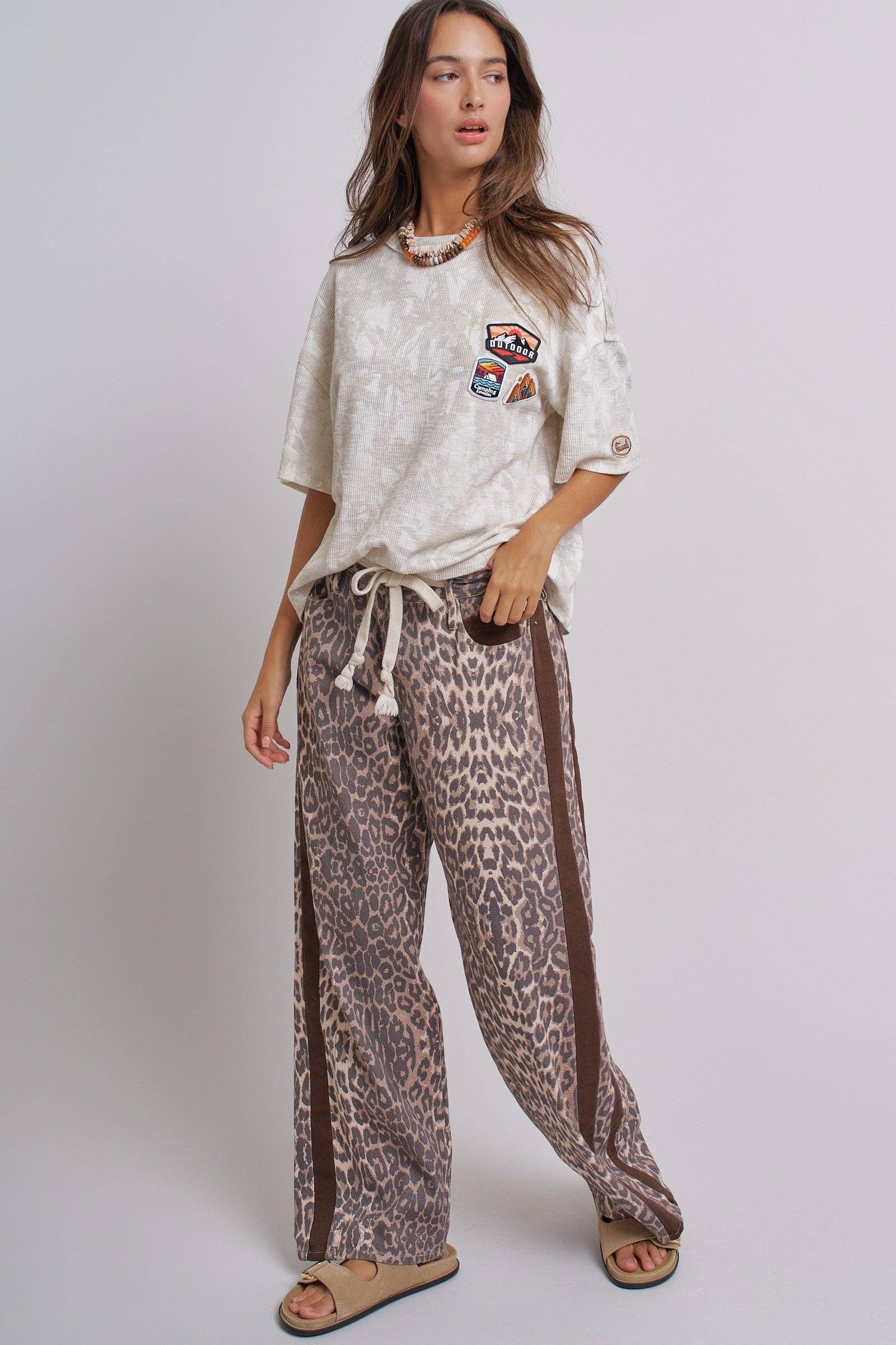 Leopard Print Wide-Leg Pants with Side Stripe