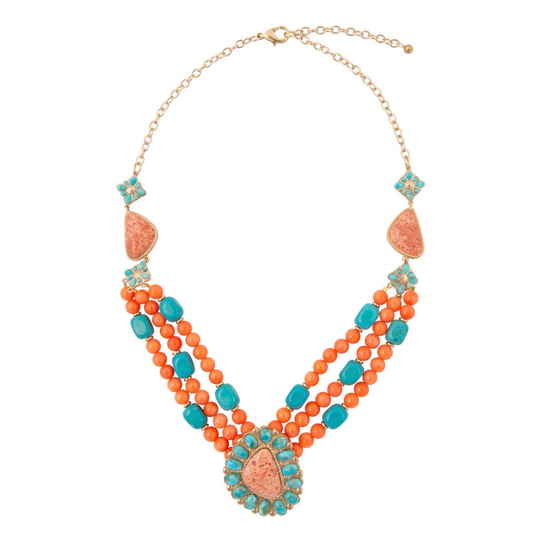 Blue Turquoise Starburst Orange Coral Golden Statement Necklace