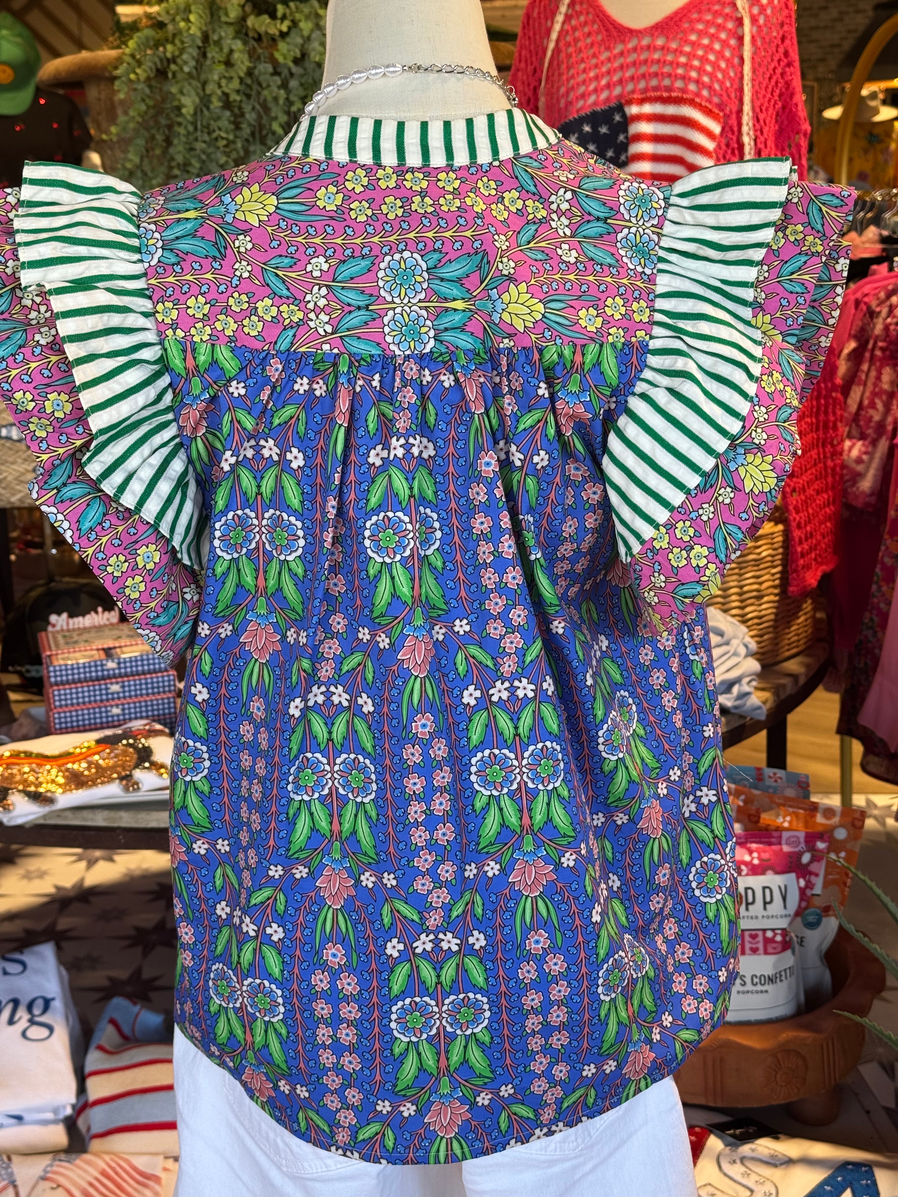 Flutter Sleeve Floral Pattern V-Neck Top