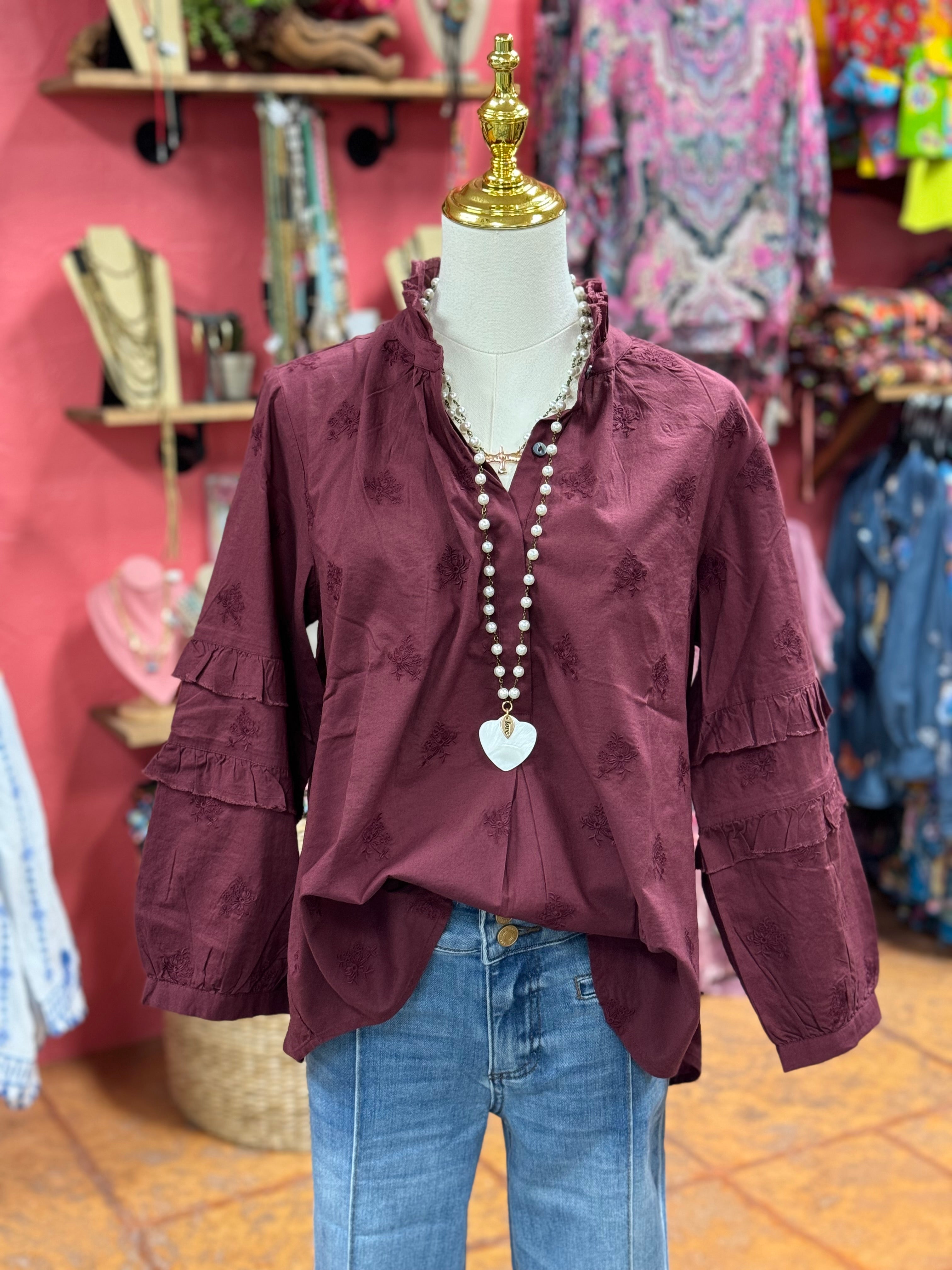 Double Ruffle Blouse - Maroon