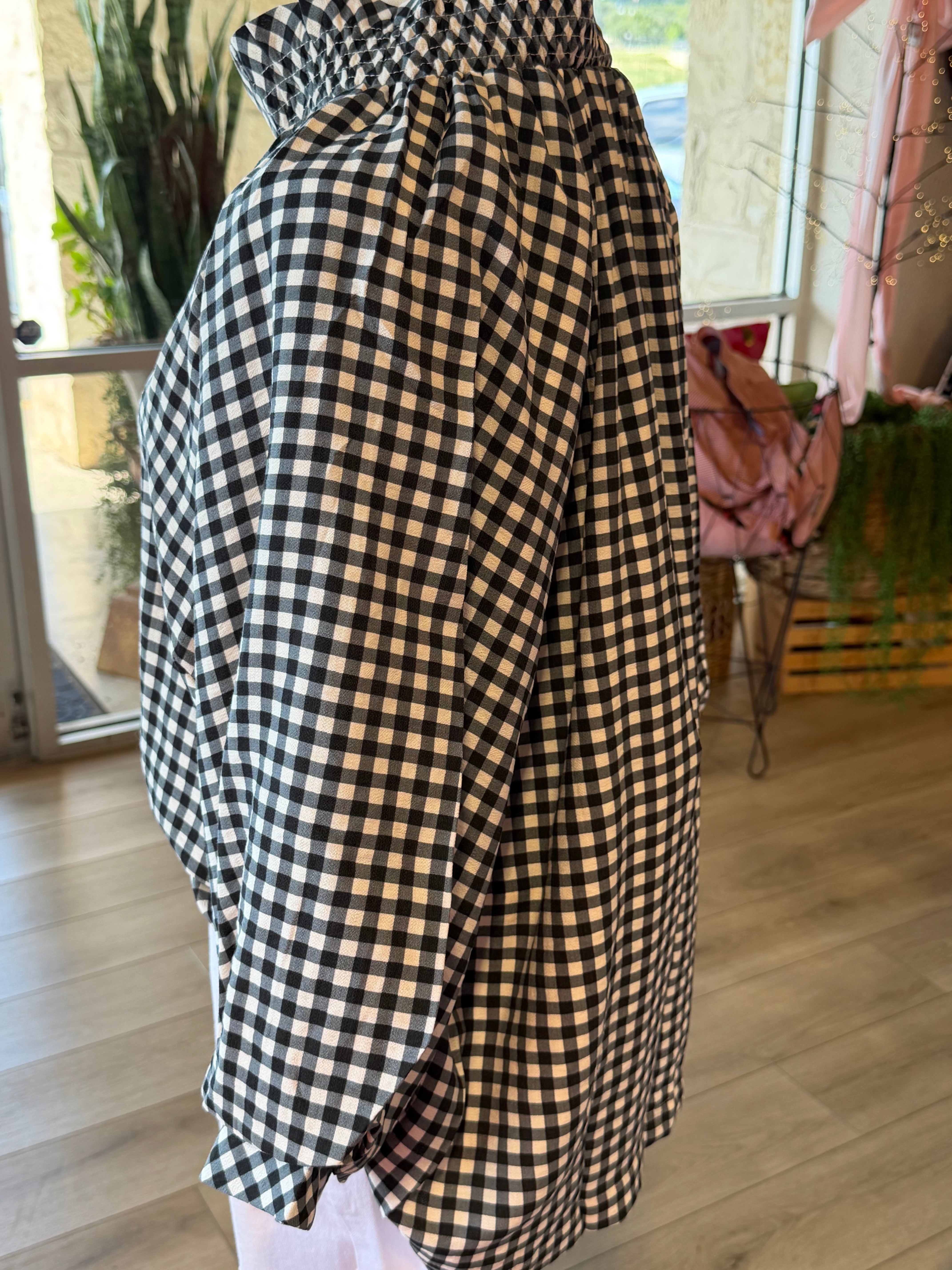 Gingham Check Puff Sleeve Blouse