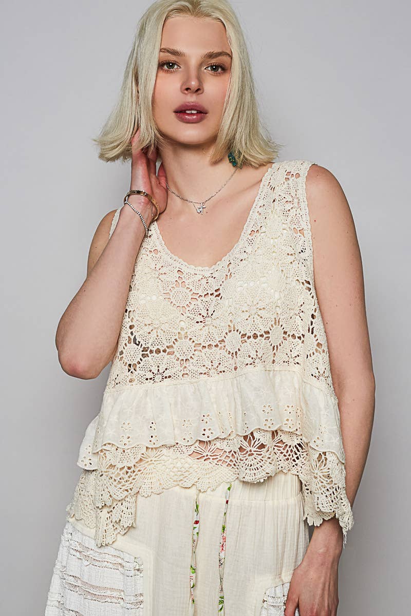 Round Neck Ruffle Embroidered Eyelet Crochet Top