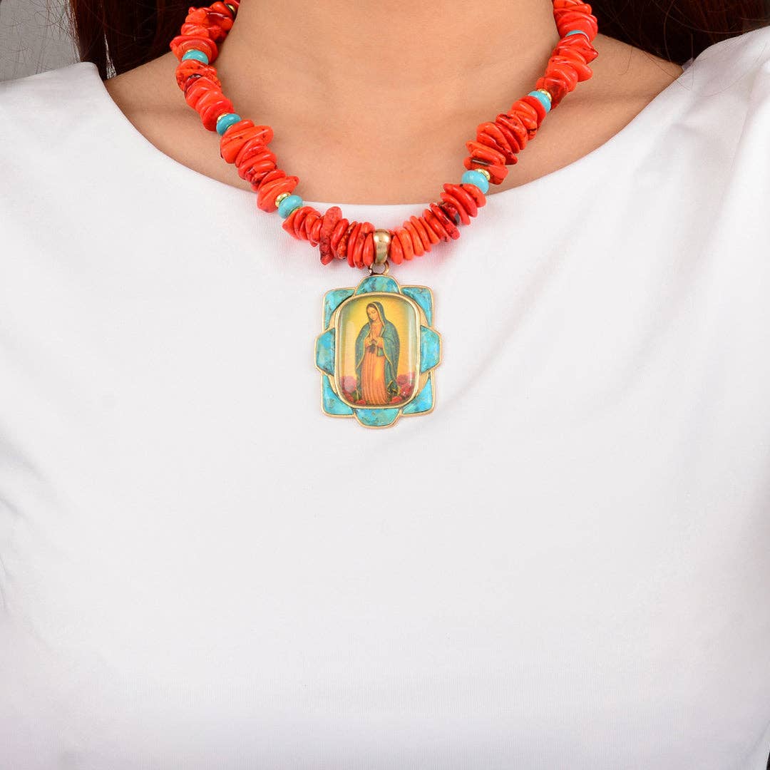 Our Lady of Guadalupe Blue Turquoise and Fiery Orange Golden Pendant Necklace