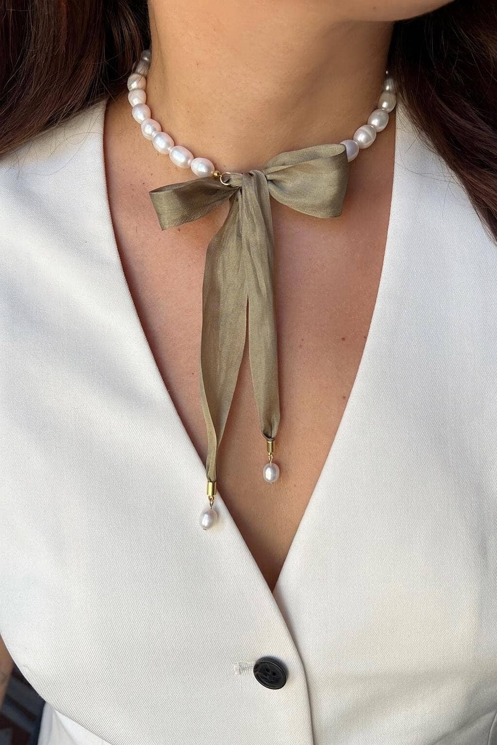 Freshwater Pearl Choker with Silk Ribbon Bow Necklace