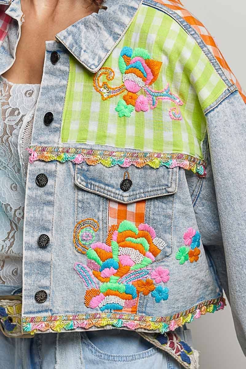Plaid Contrast Embroidery Denim Jacket