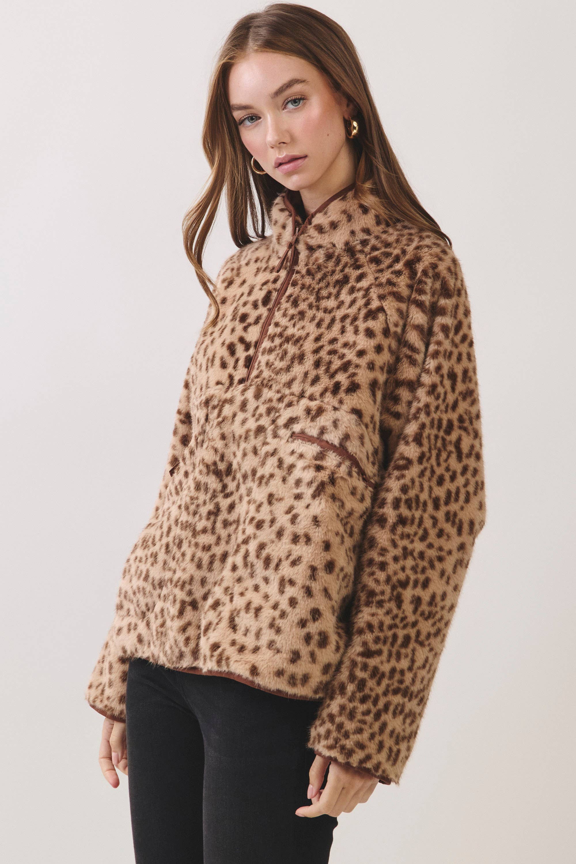 Leopard Faux Fur Pullover Jacket