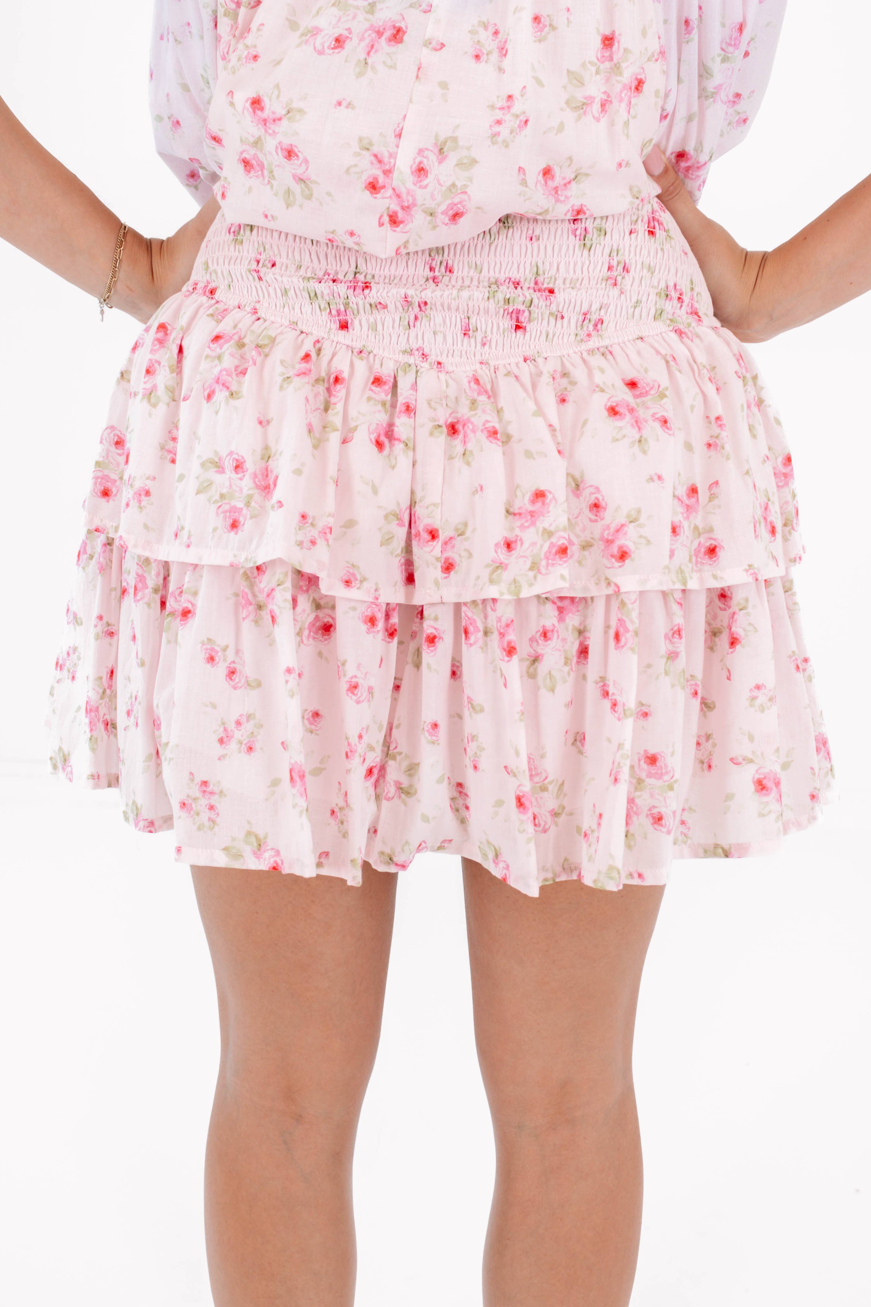 The Ellie Ruched Skort - Pink Floral Tiered Ruffle