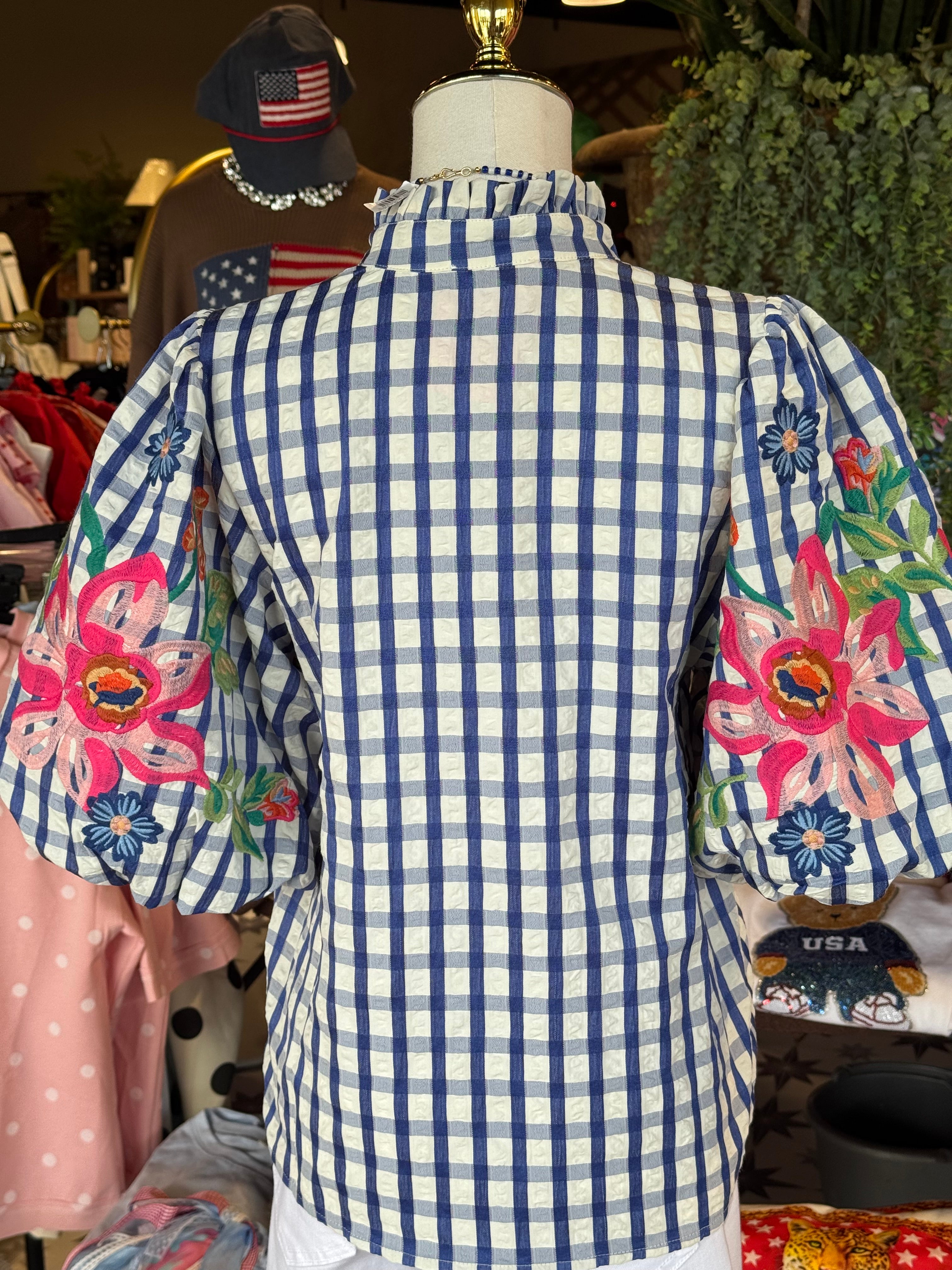 Cheri Floral Embroidery Gingham Top