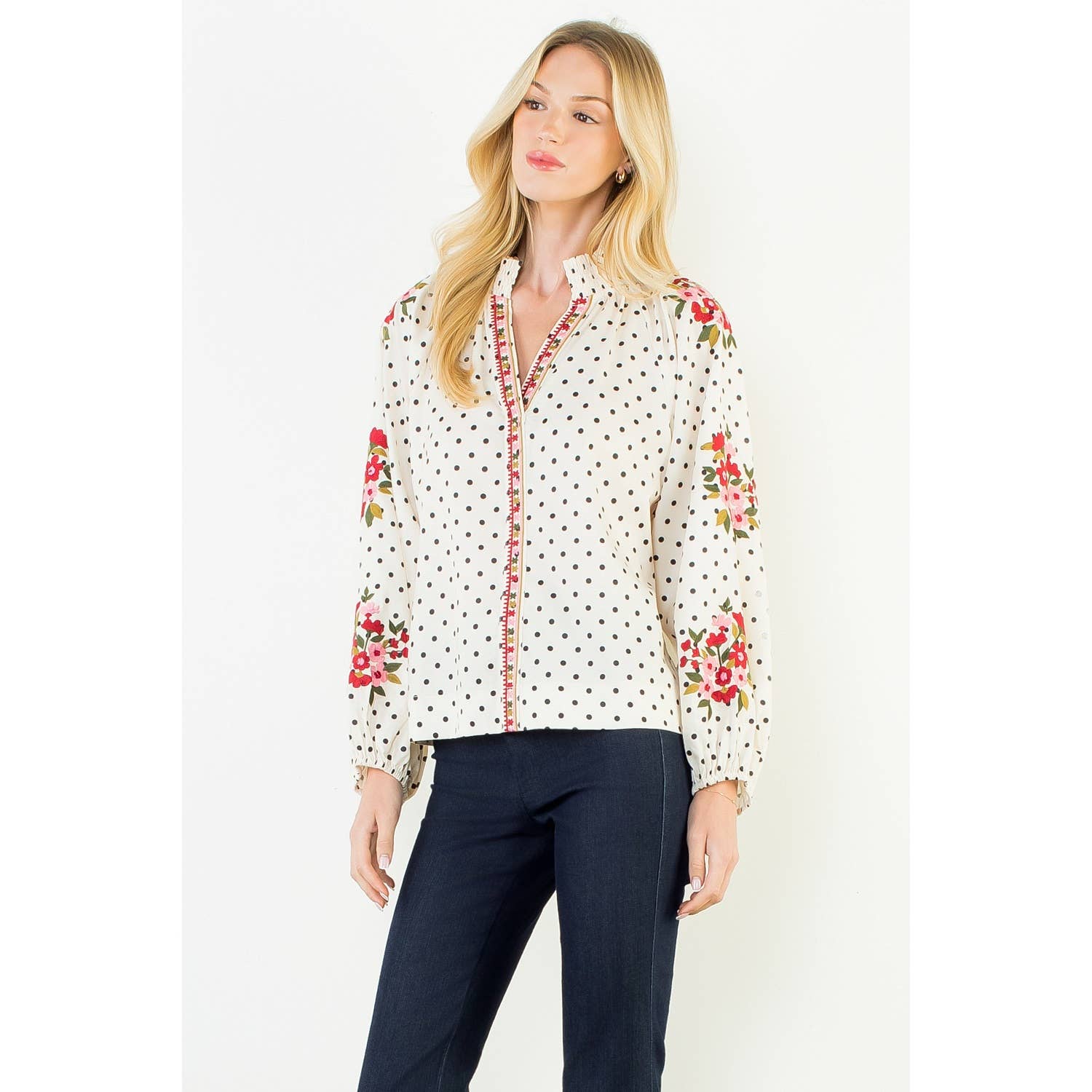 Long Sleeve Embroidery Floral Polka Dot Top