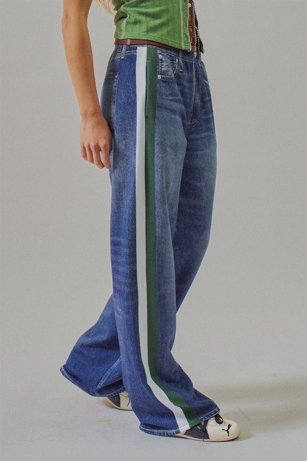 Faux Denim Track Pants With Stripe