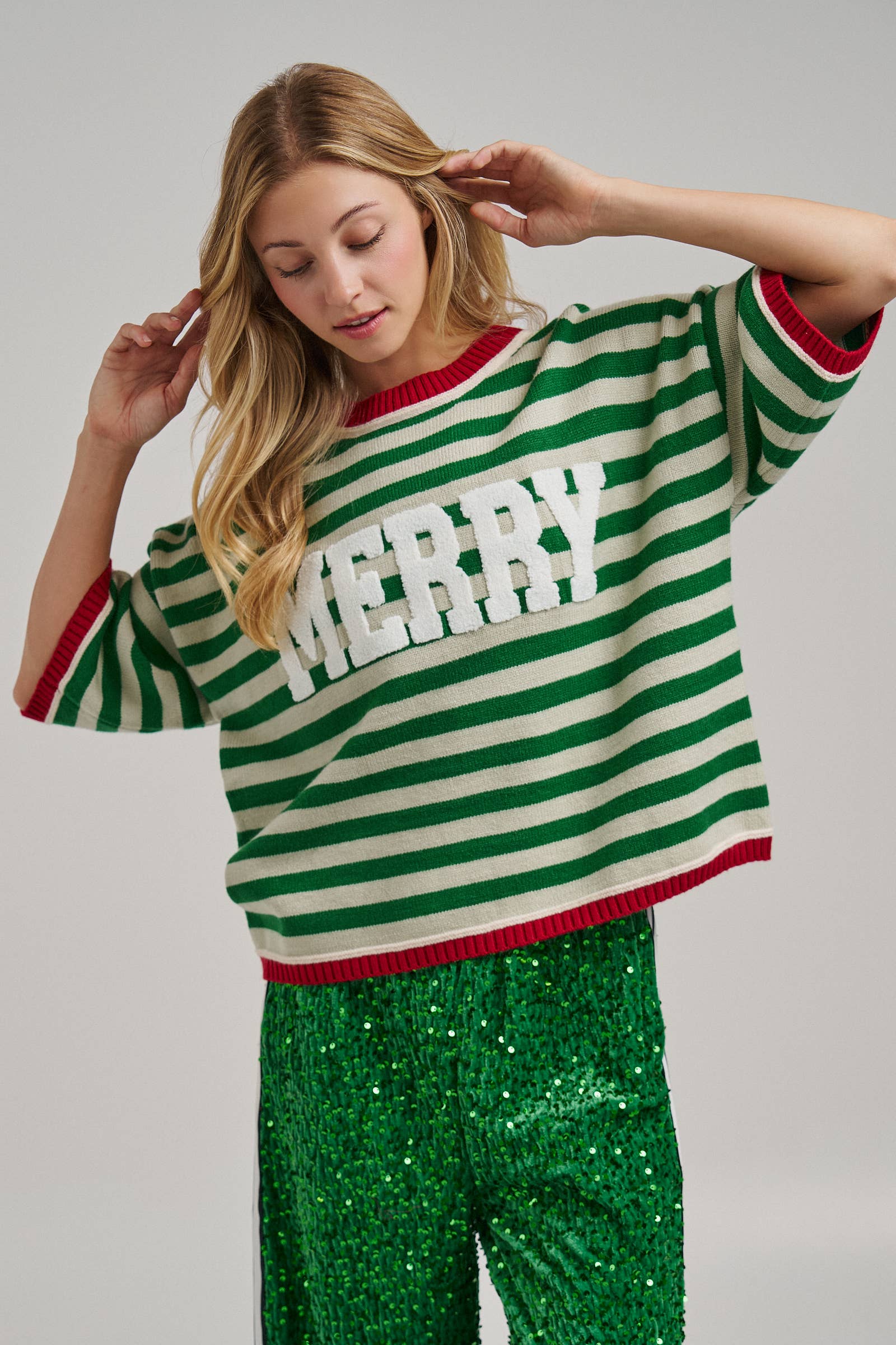 CHRISTMAS MERRY LETTERING STRIPE SWEATER