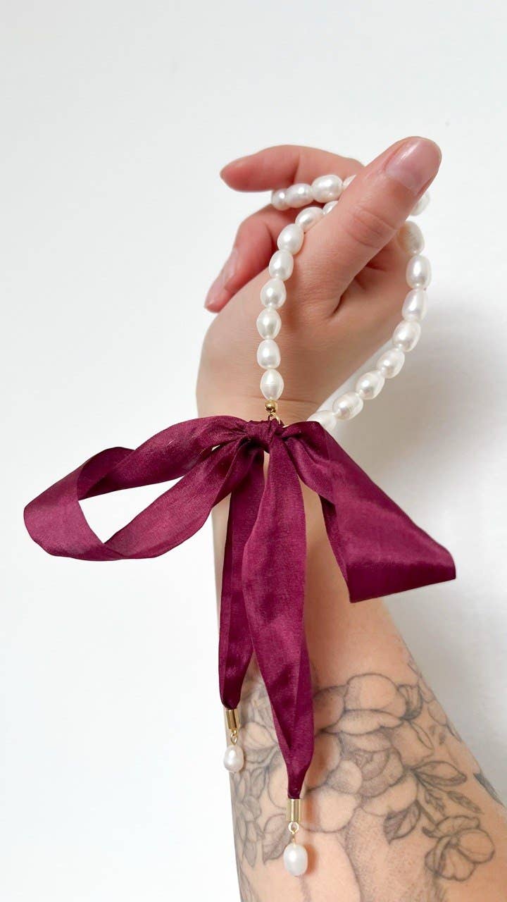 Freshwater Pearl Choker with Silk Ribbon Bow Necklace