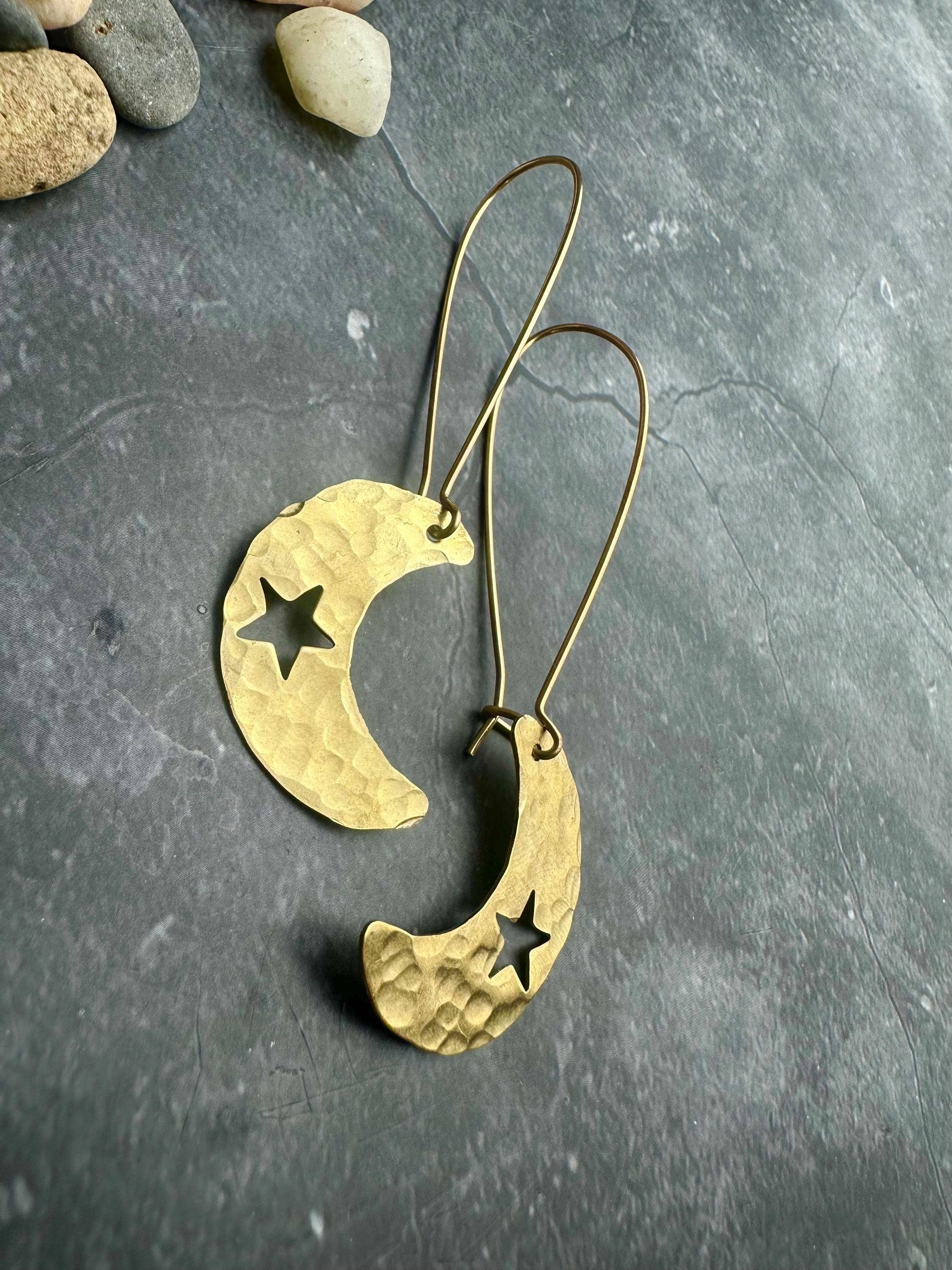 Handcrafted Celestial Crescent Moon Earrings - Beaten Brass