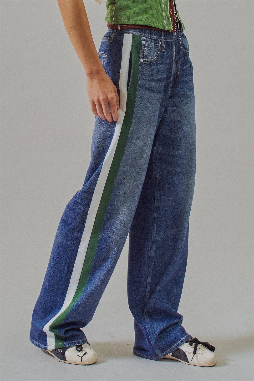 Faux Denim Track Pants With Stripe