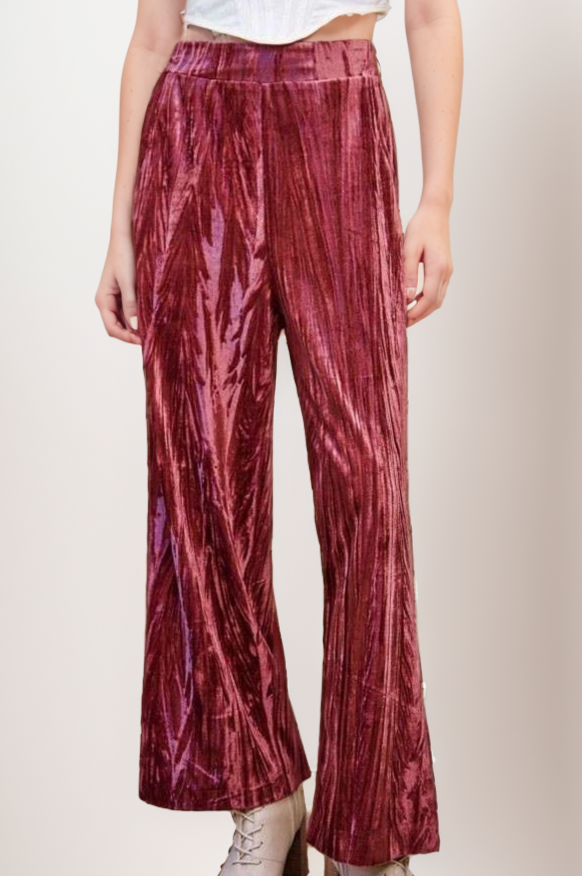 Crinkled Velvet Elastic-Back Wide-Leg Pants
