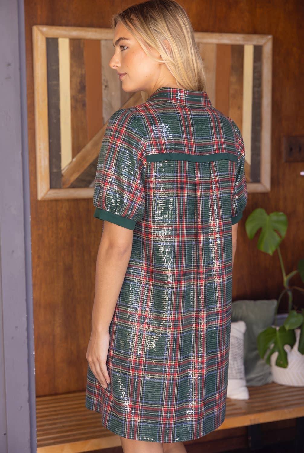 Collared Plaid Sequins Dress