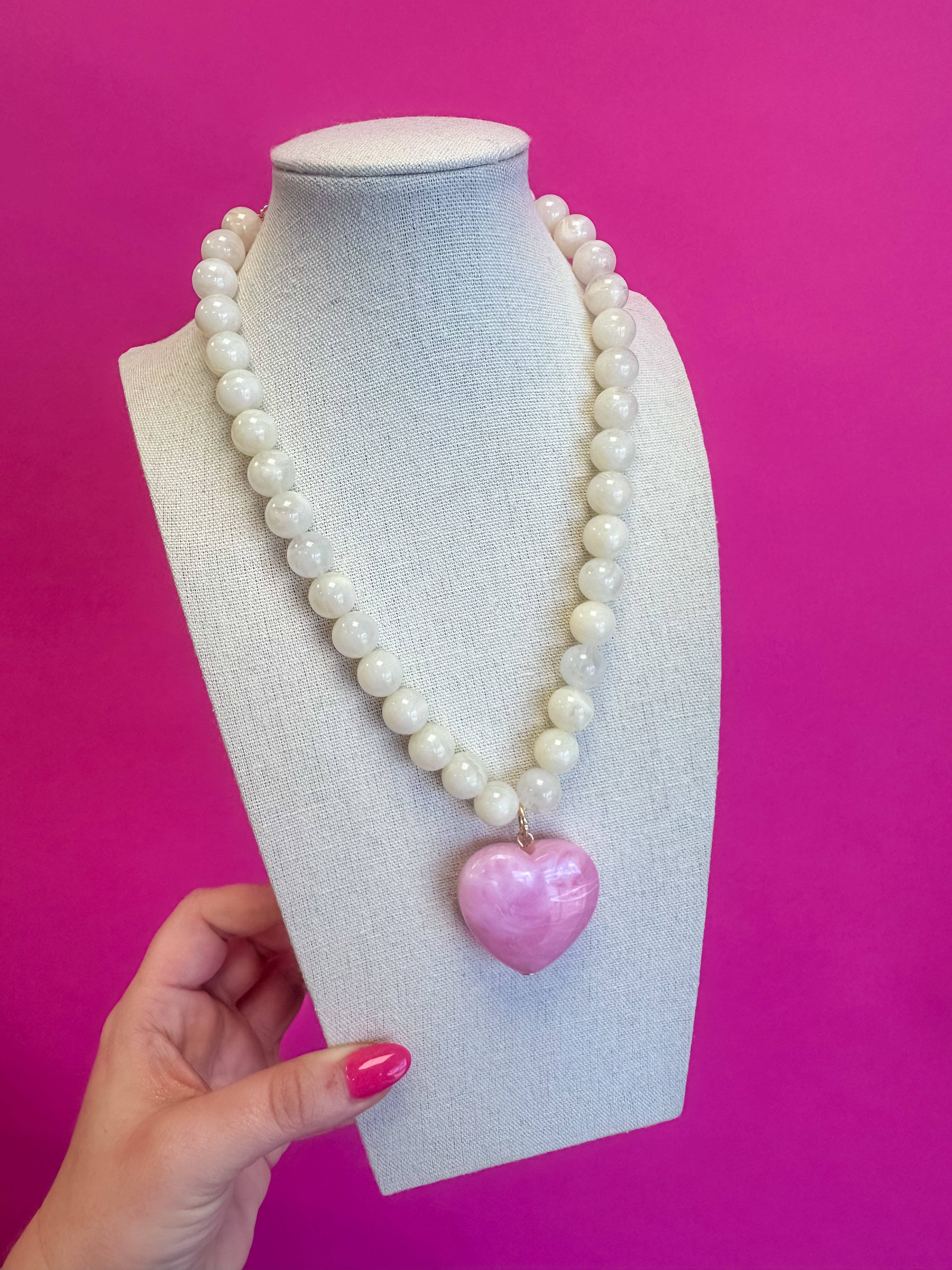 Chucky Bead with Heart Pendant Charm Necklace - White and Pink