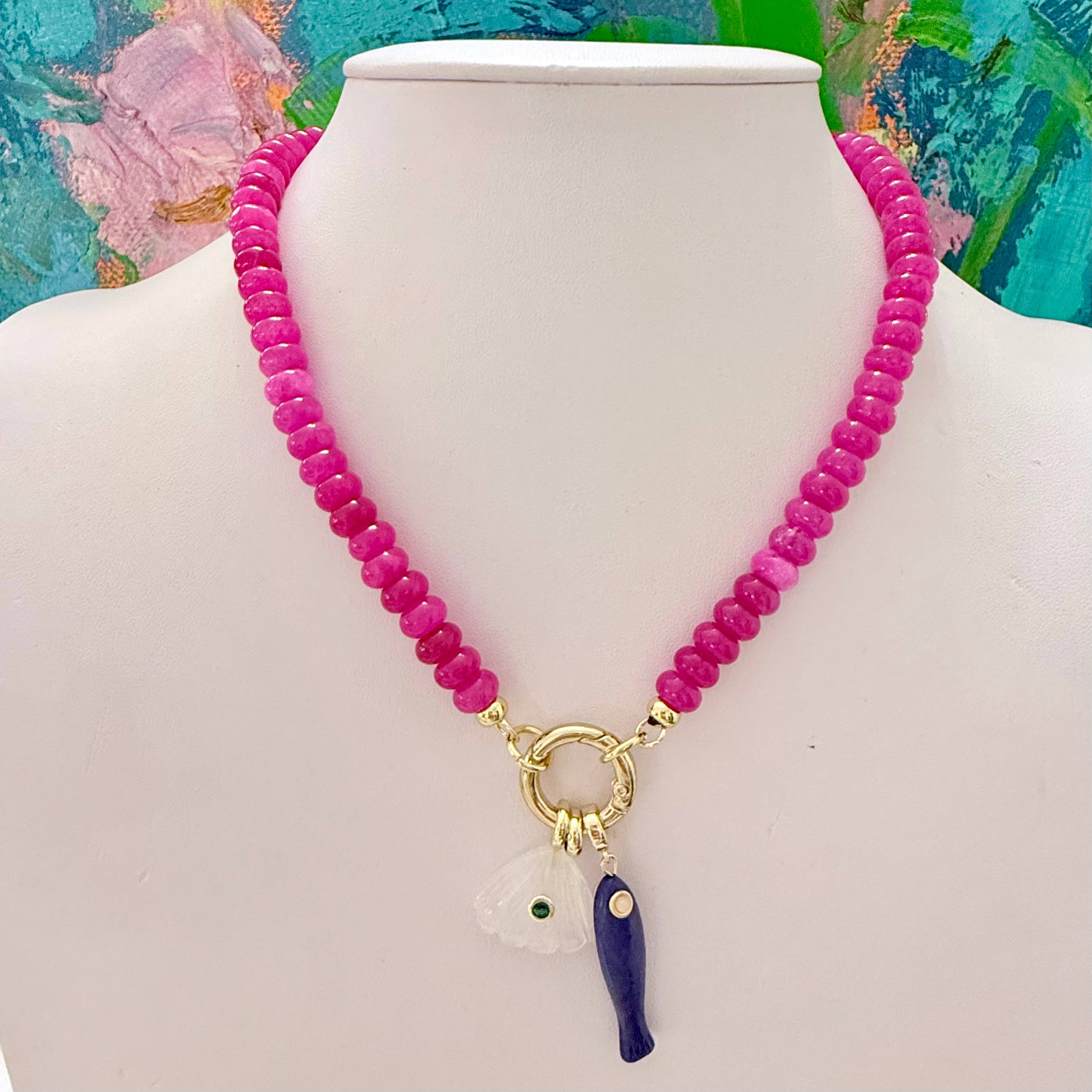 Hot Pink Beaded Necklace + Multi Gemstone Pendants