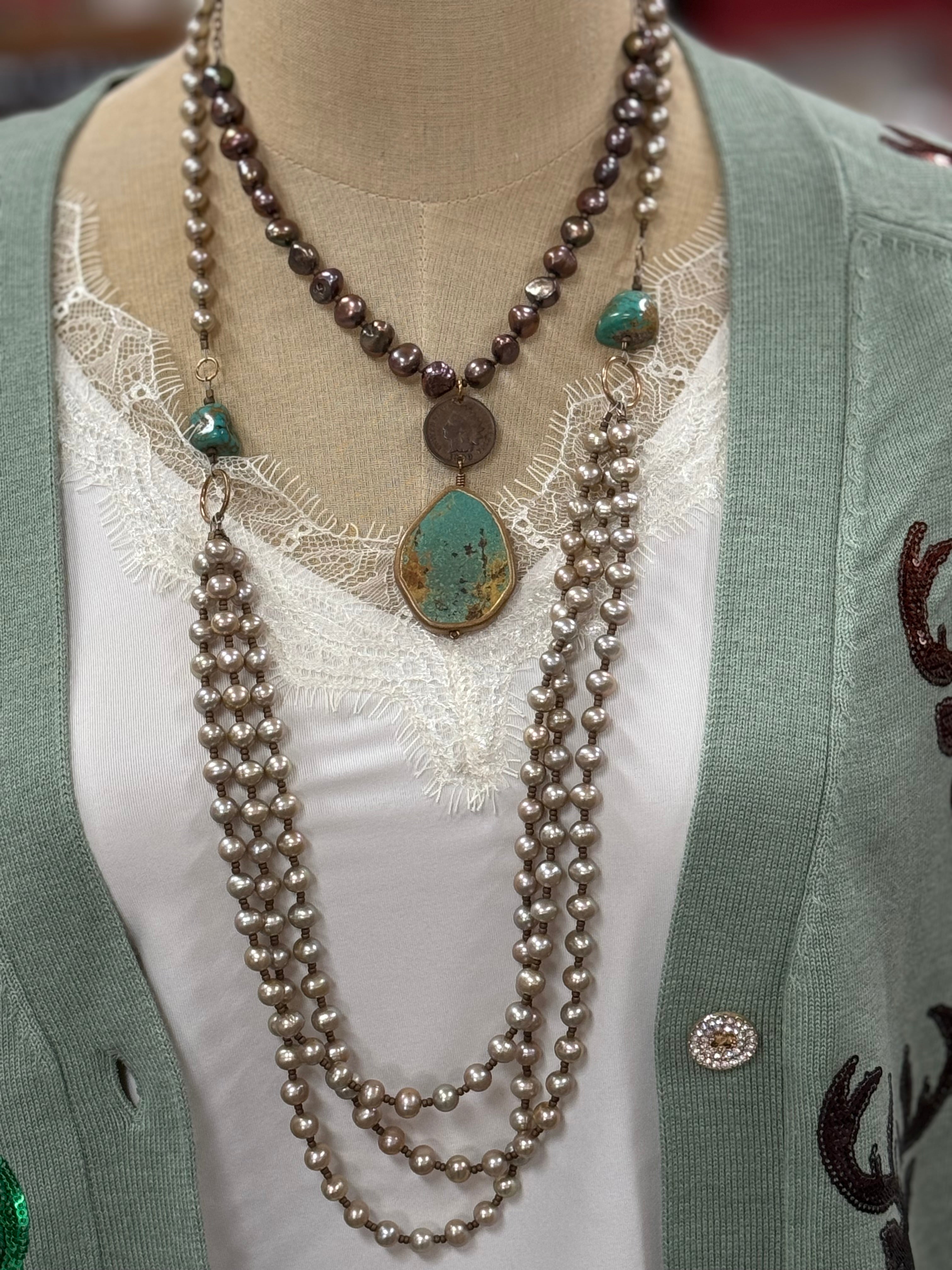 Champagne Pearls / Turquoise Necklace