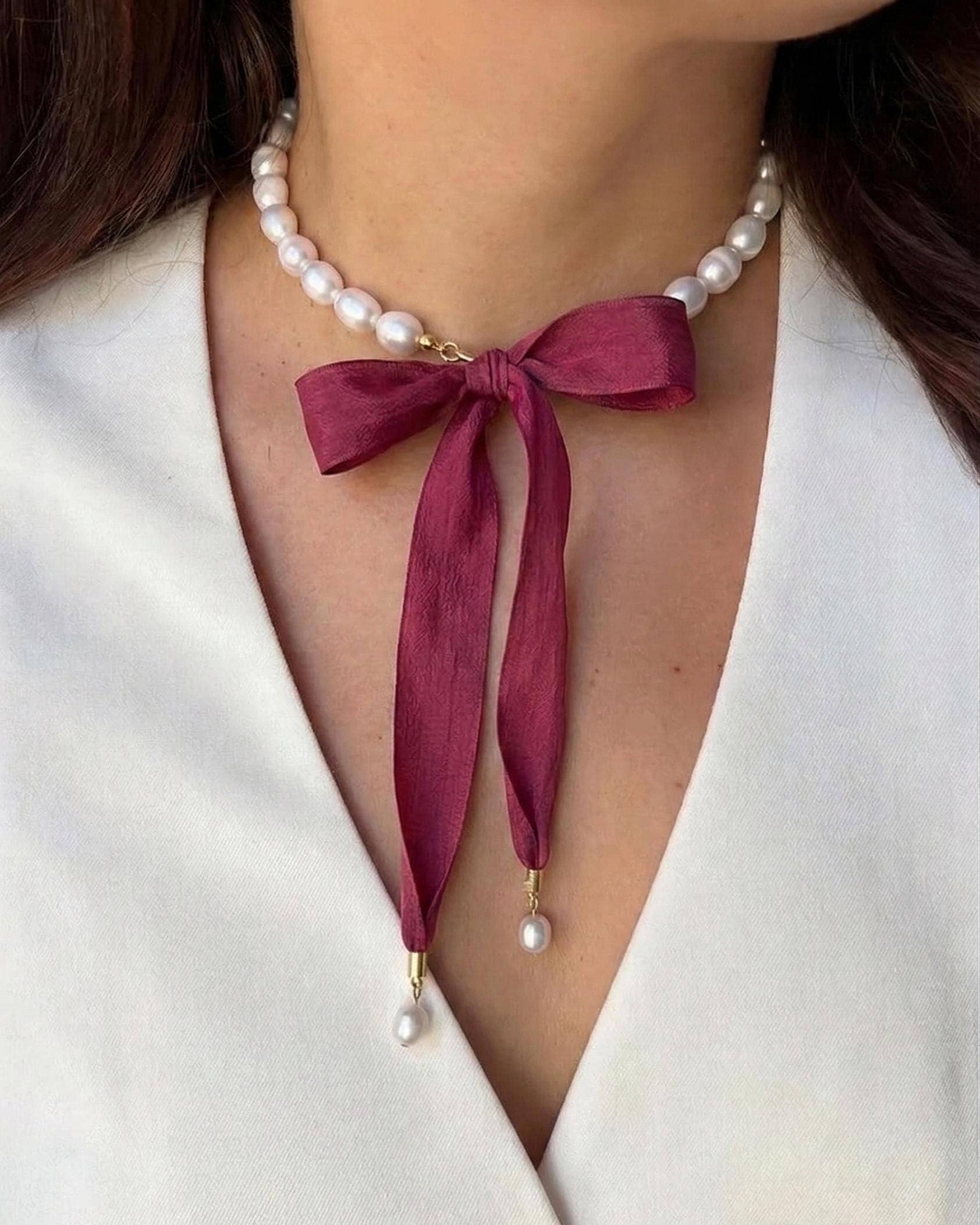Freshwater Pearl Choker with Silk Ribbon Bow Necklace