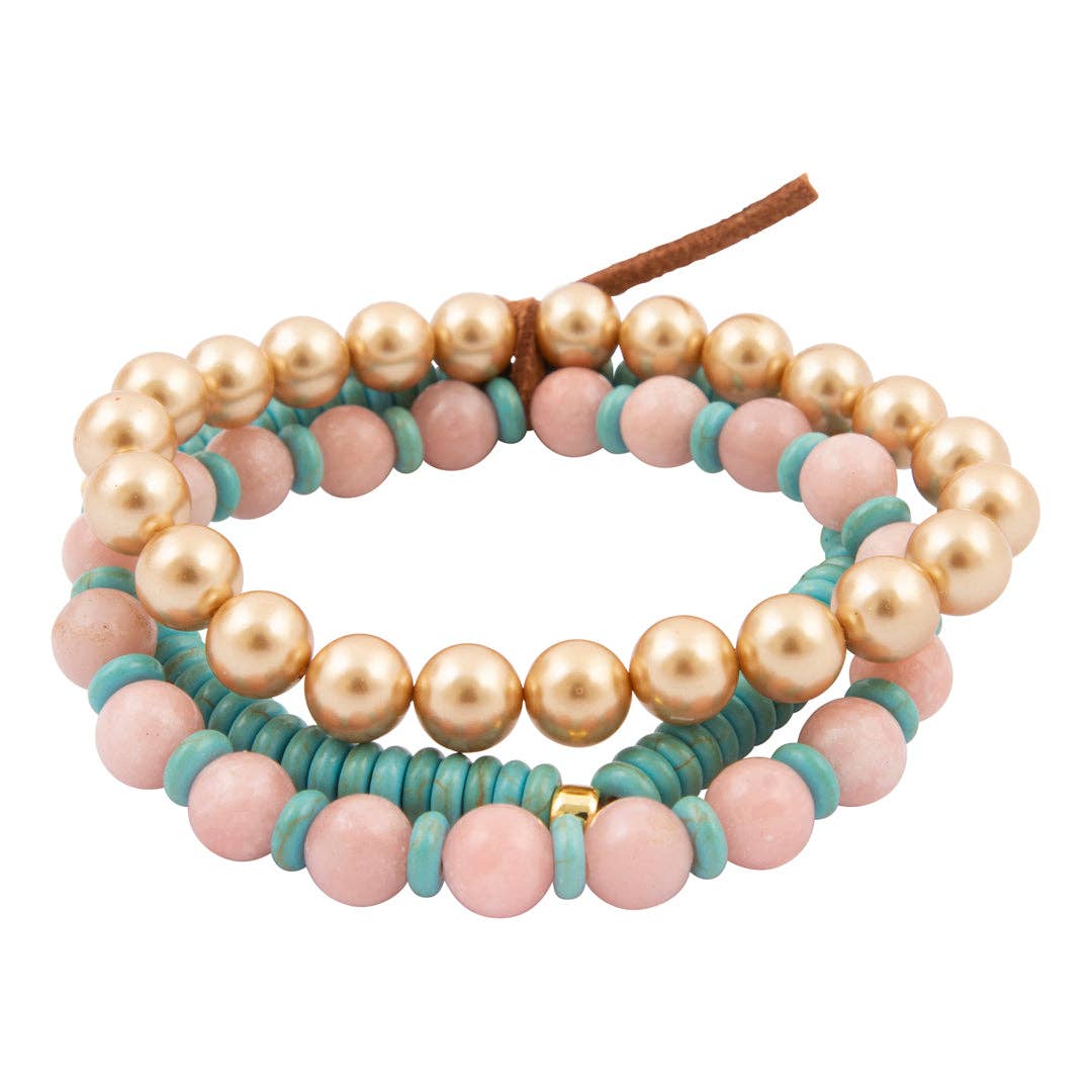 Cactus Rose Pink Opal Blue Turquoise Golden Stretch Bracelet Set
