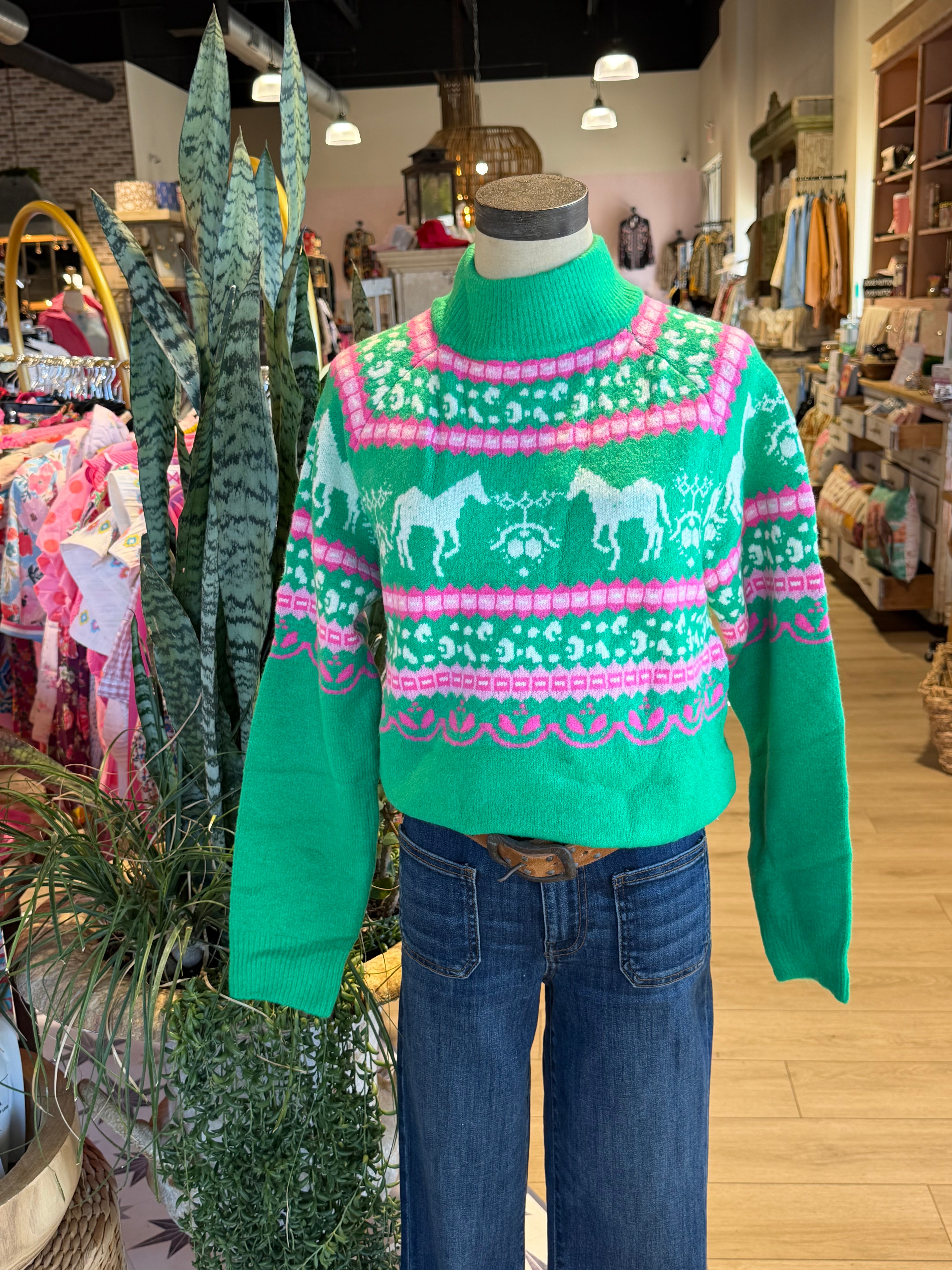 Fair Isle Horse Sweater- Green