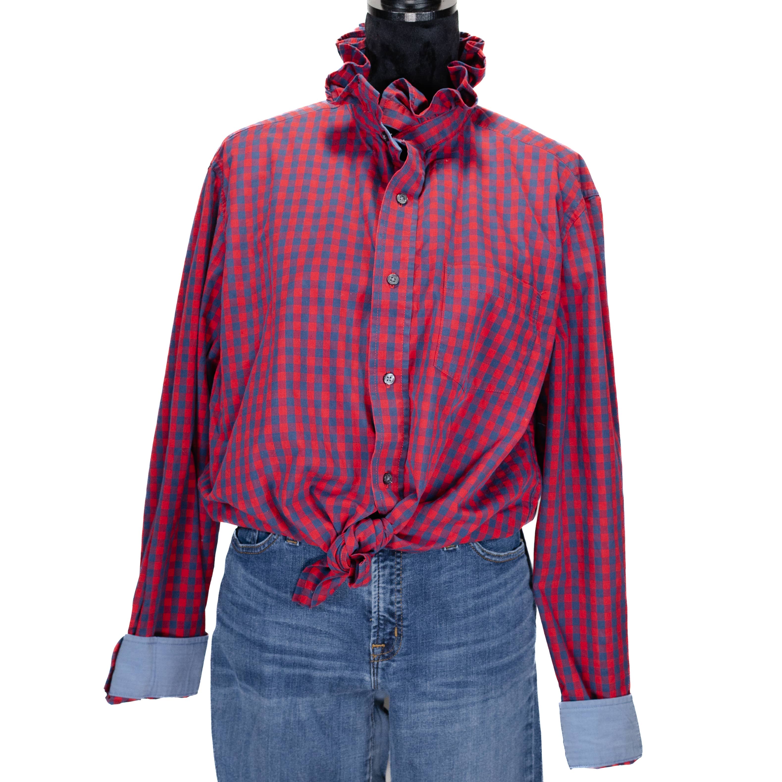 Upcycle Ruffle Collar Women's Shirt Unique Red/Blue Chk  XXL