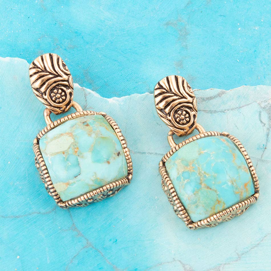 Carved Blue Turquoise Golden Earrings