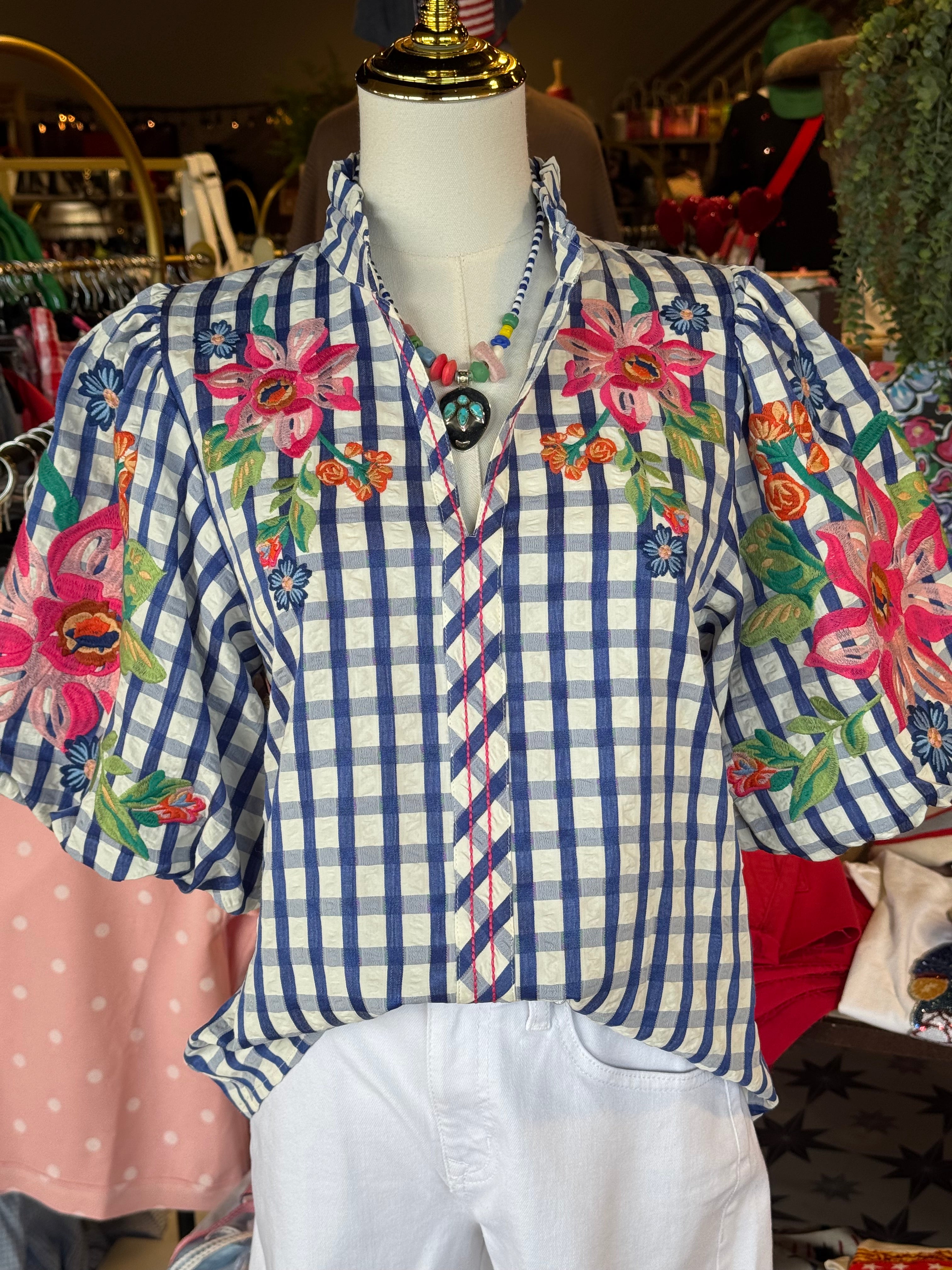 Cheri Floral Embroidery Gingham Top