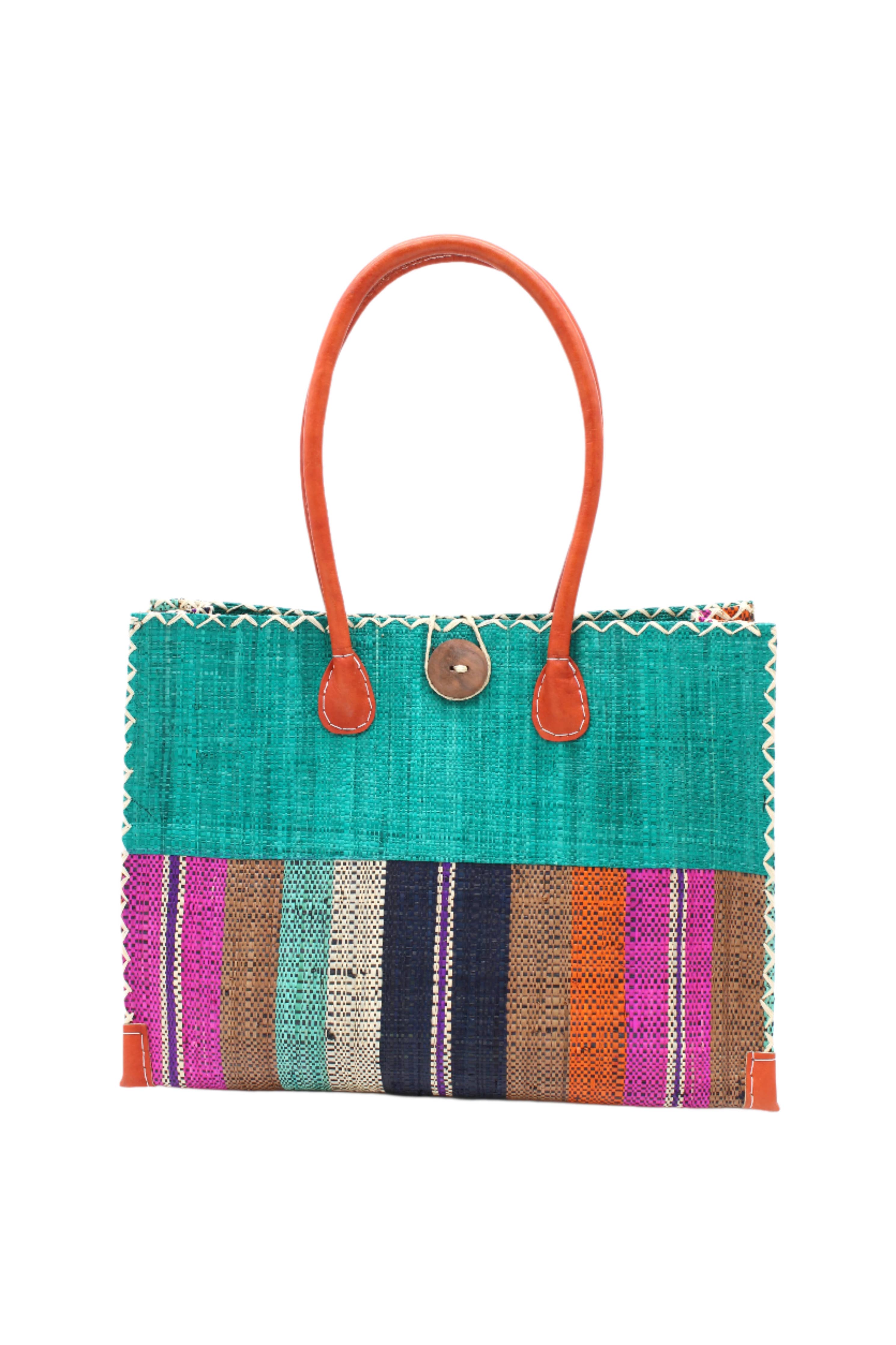 Zafran Two Tone Wide Stripe Raffia Straw Beach Bag - 2 Sizes