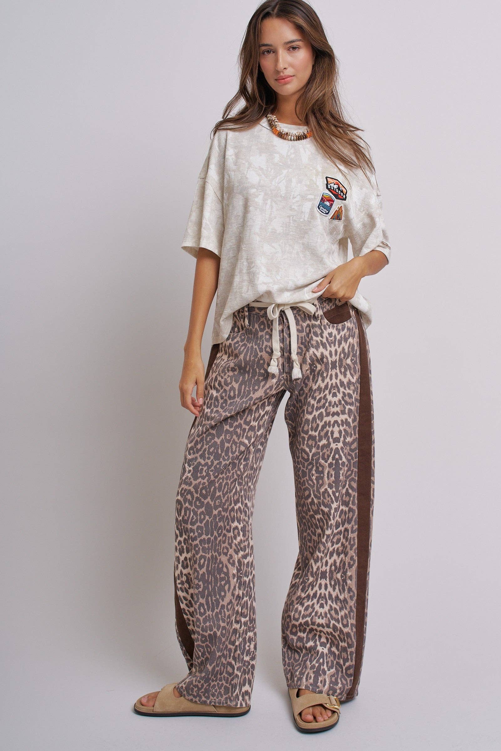 Leopard Print Wide-Leg Pants with Side Stripe