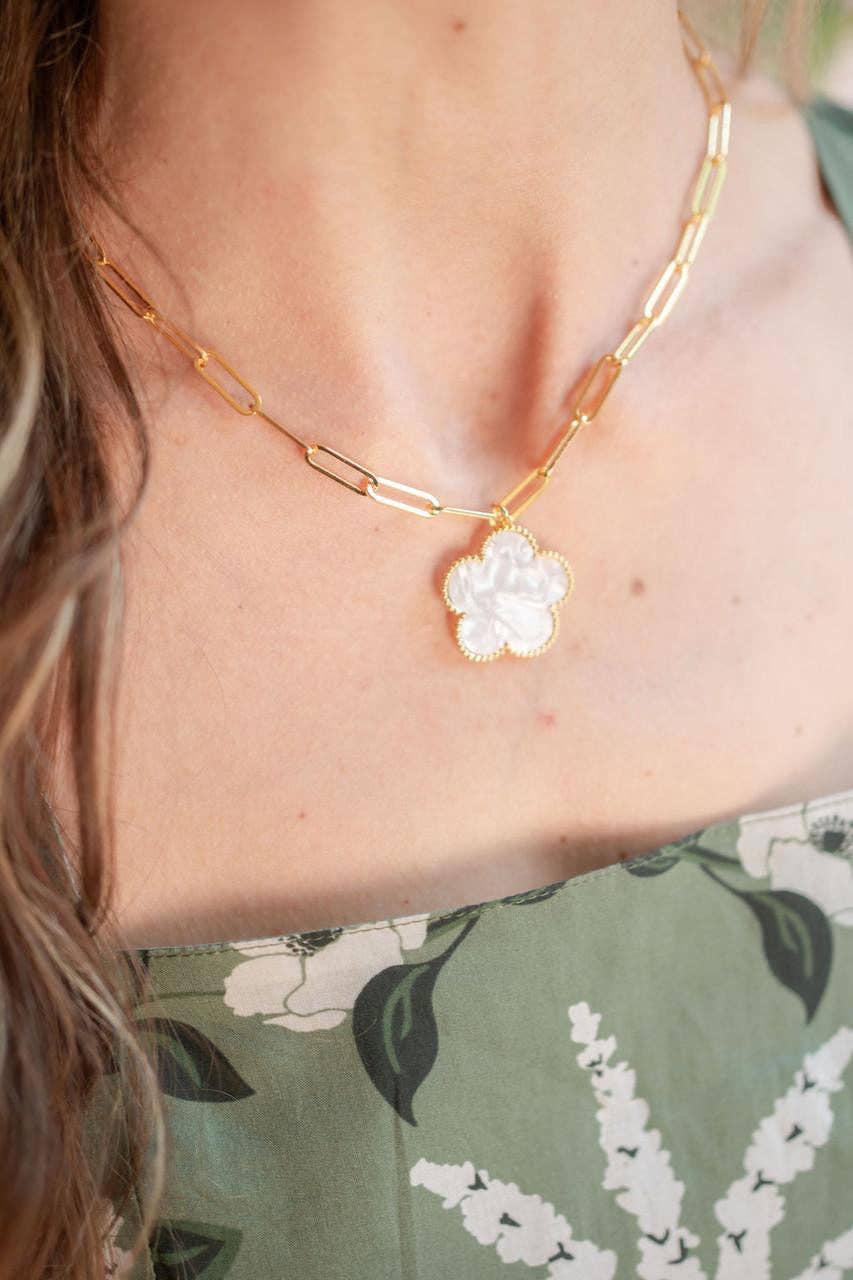 Clover  - Gold & Pearl Paperclip Charm Necklace