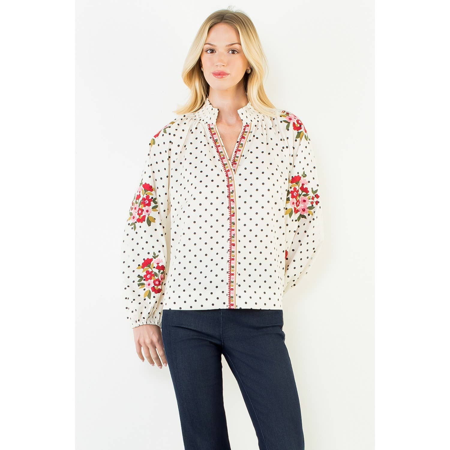 Long Sleeve Embroidery Floral Polka Dot Top