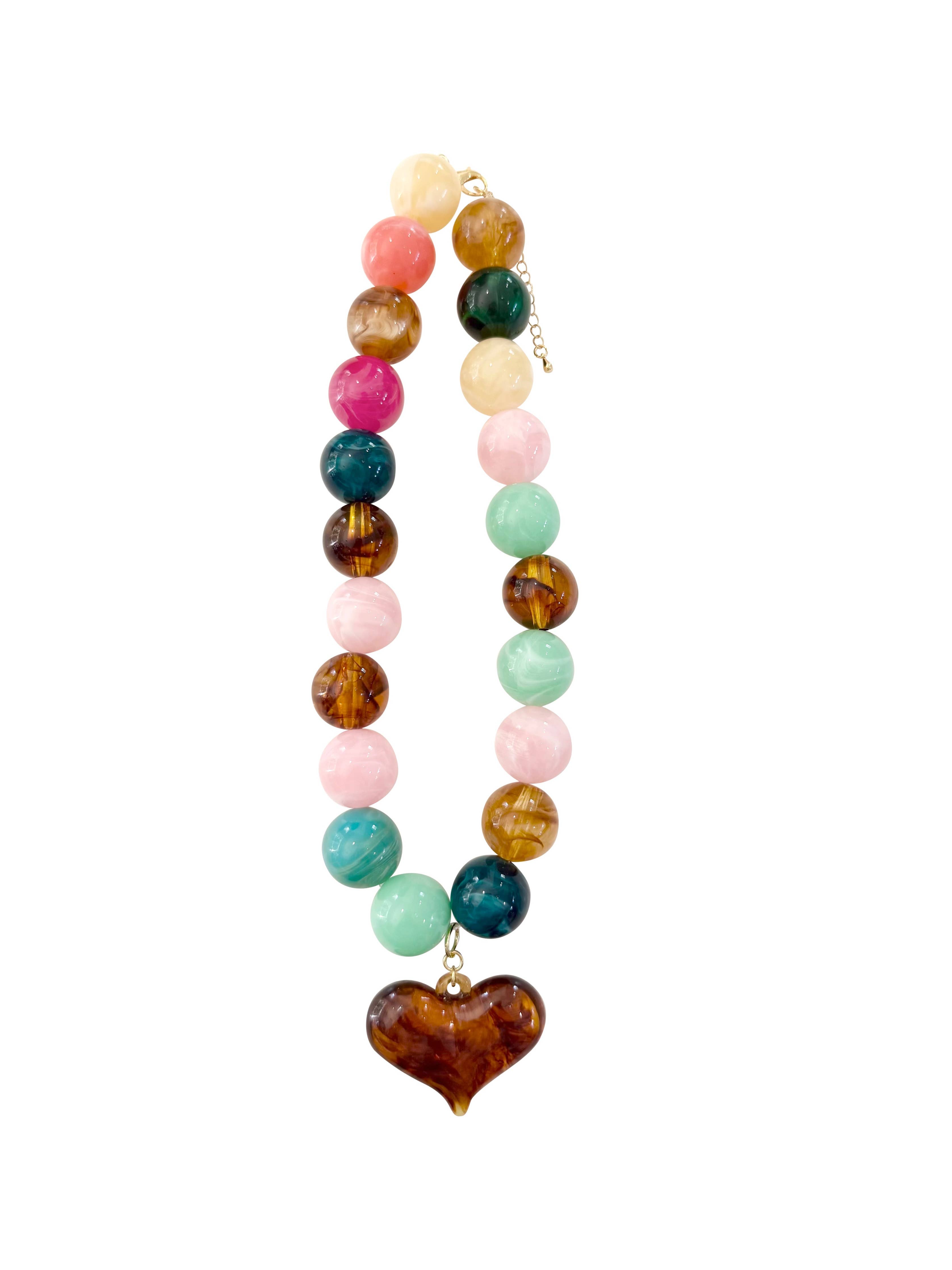 Ella Chunky Beaded Necklace with Heart Charm -