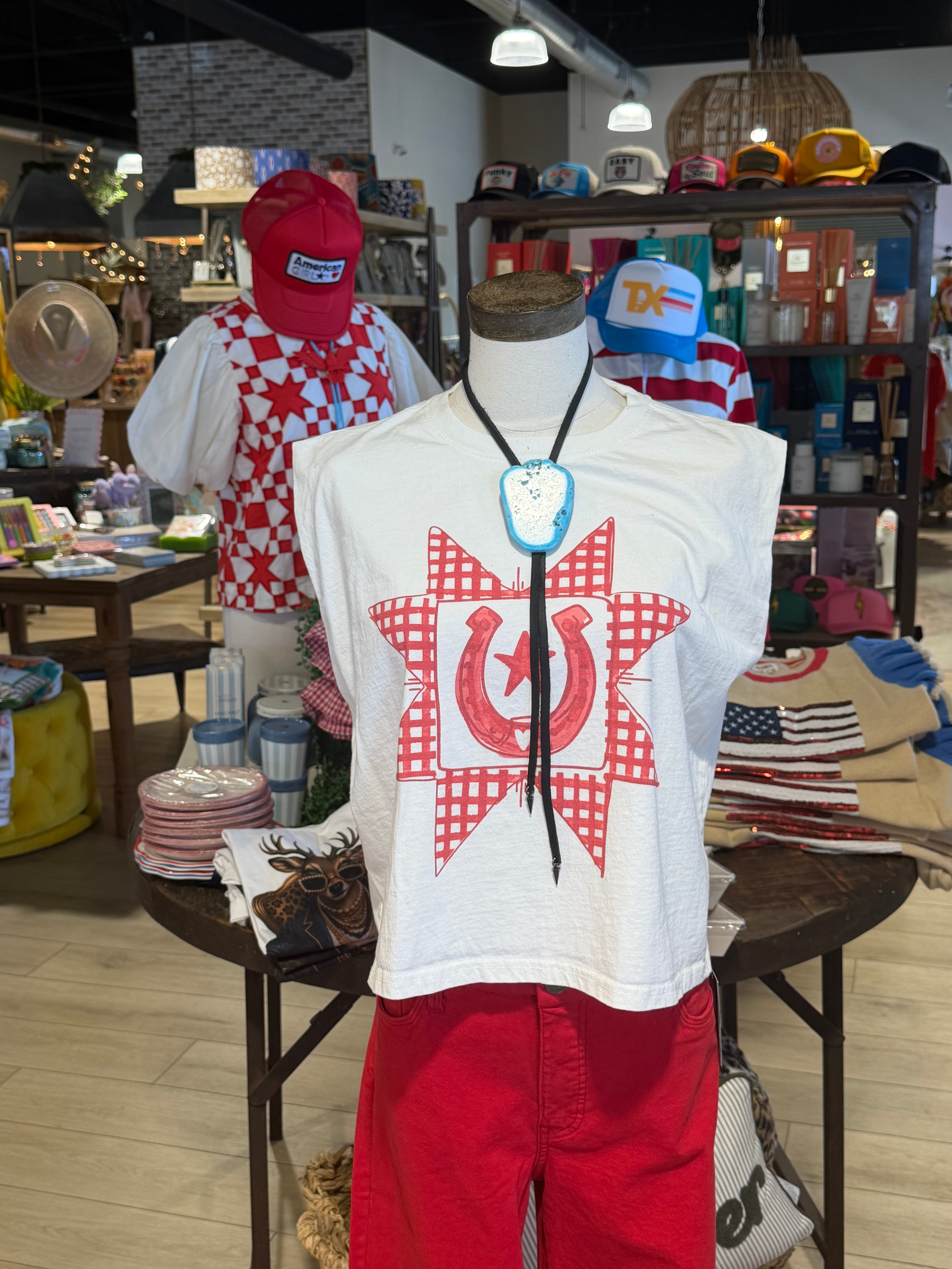 Gingham Quilted Horseshoe Crop Tank