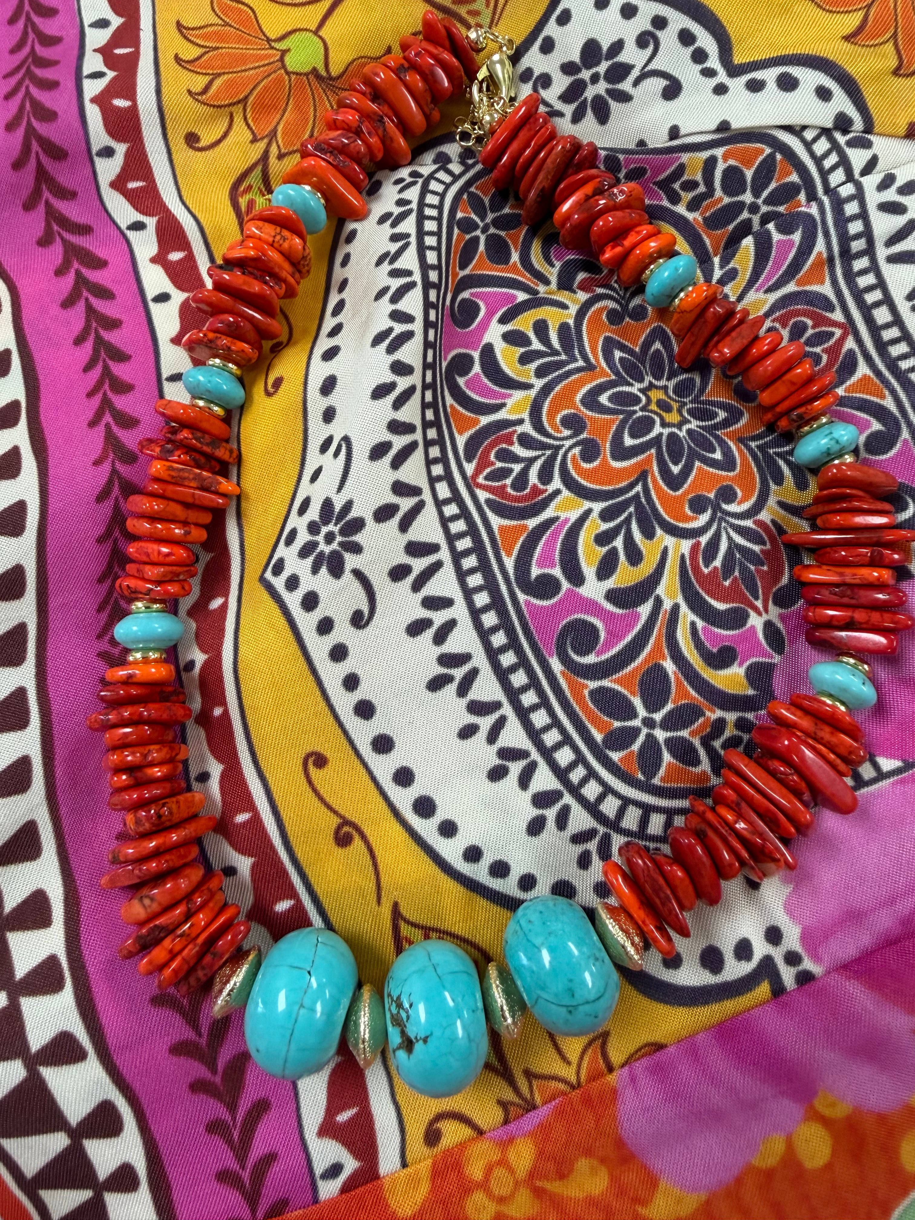 Our Lady of Guadalupe Blue Turquoise and Fiery Orange Golden Pendant Necklace
