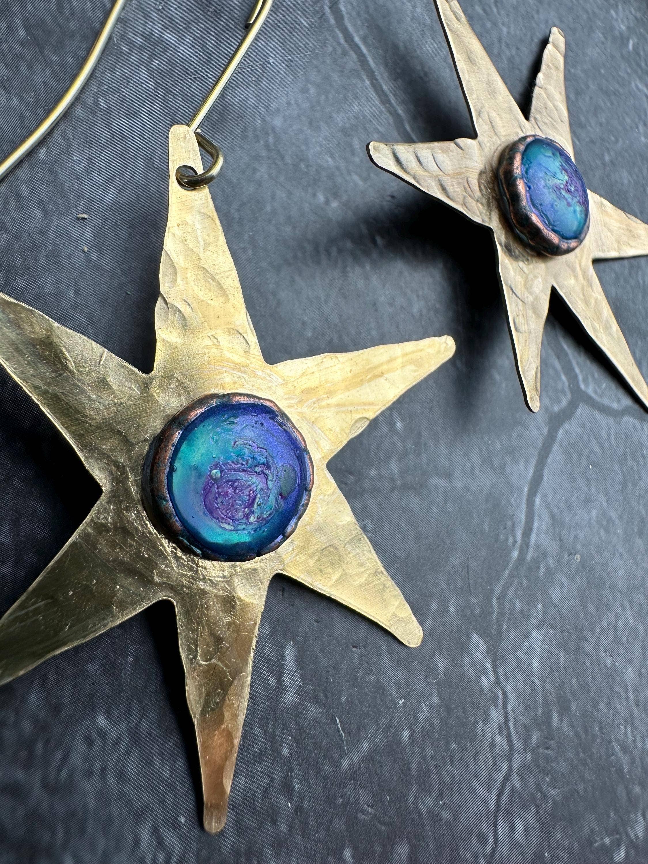 Celestial Star Earrings, Hammered Brass Dangle, Modern Cosmi