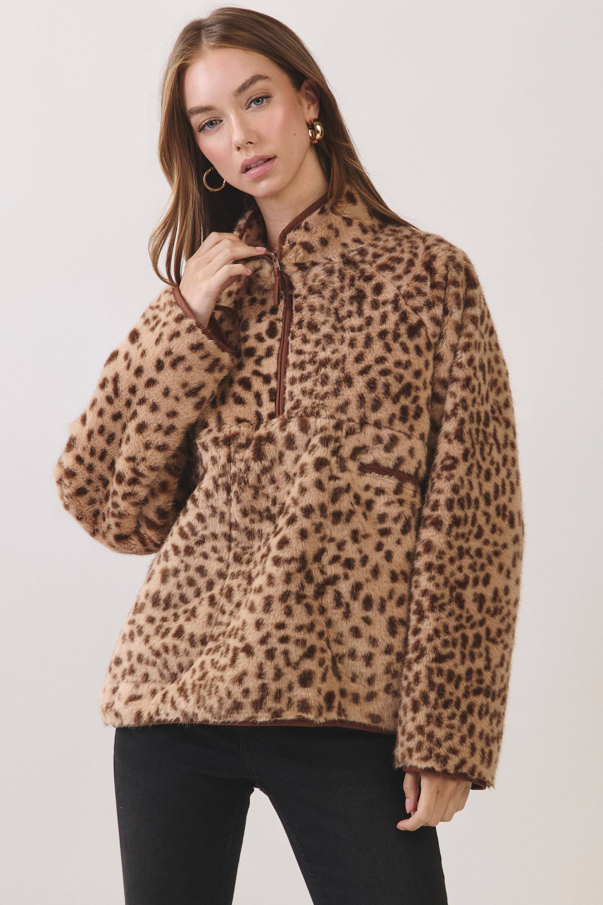 Leopard Faux Fur Pullover Jacket