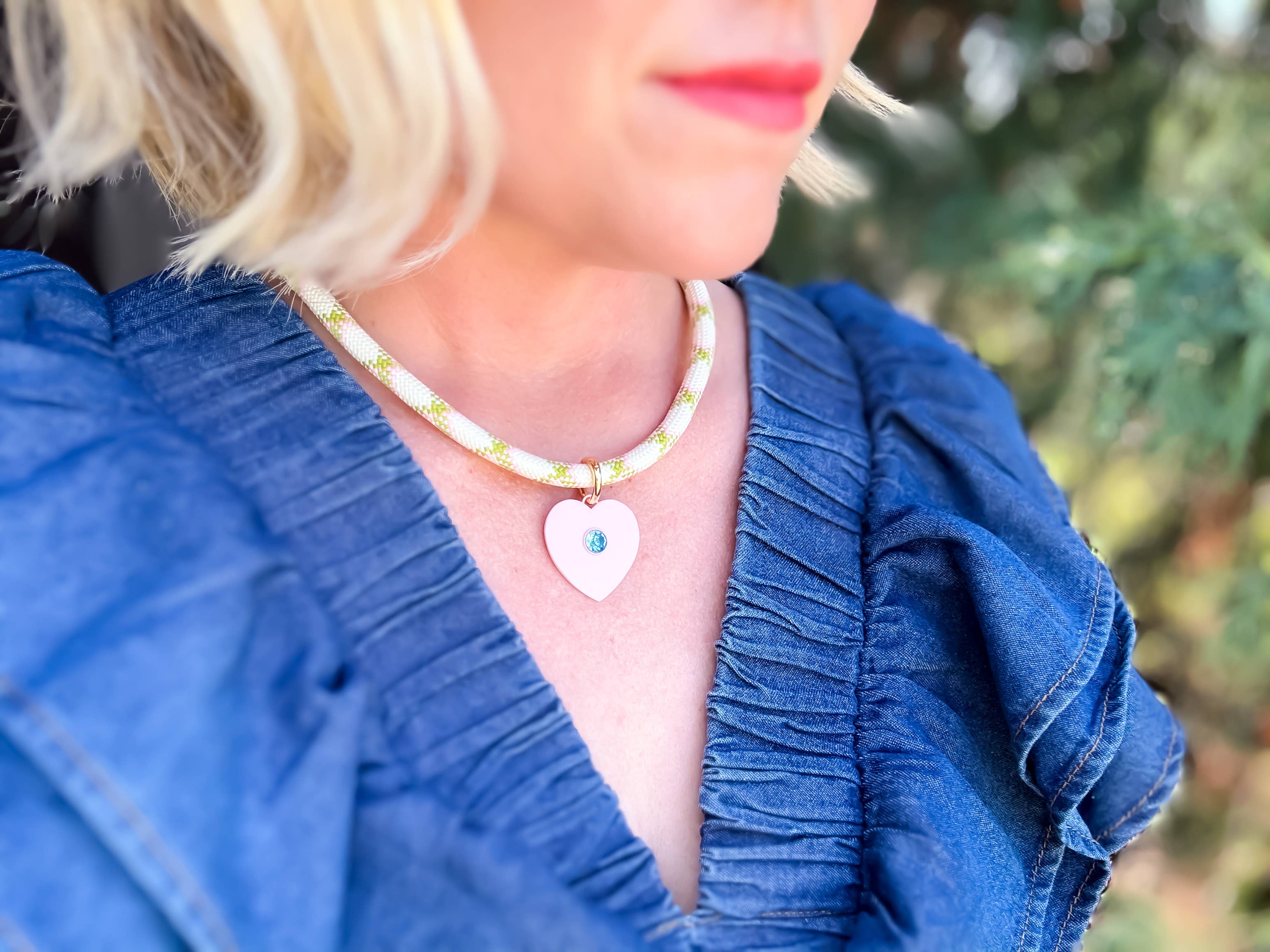 Thick Cord Necklace - Pink Heart Charm w/ Crystal - Blakely