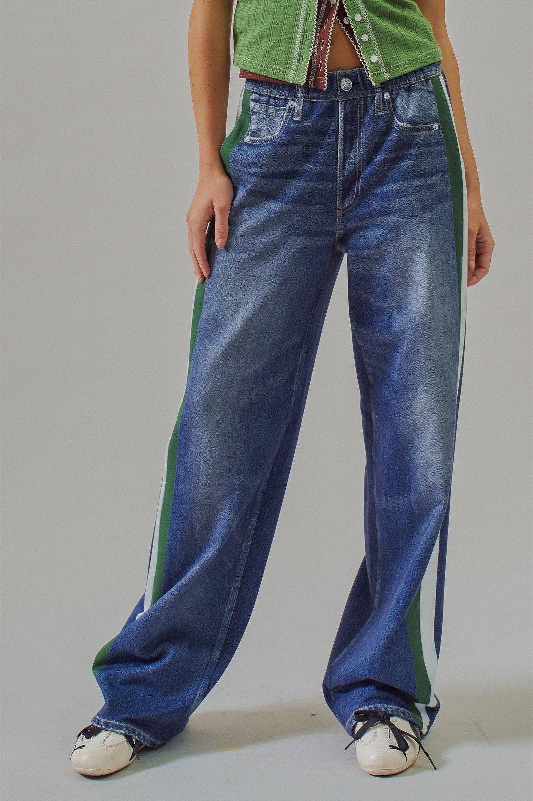 Faux Denim Track Pants With Stripe