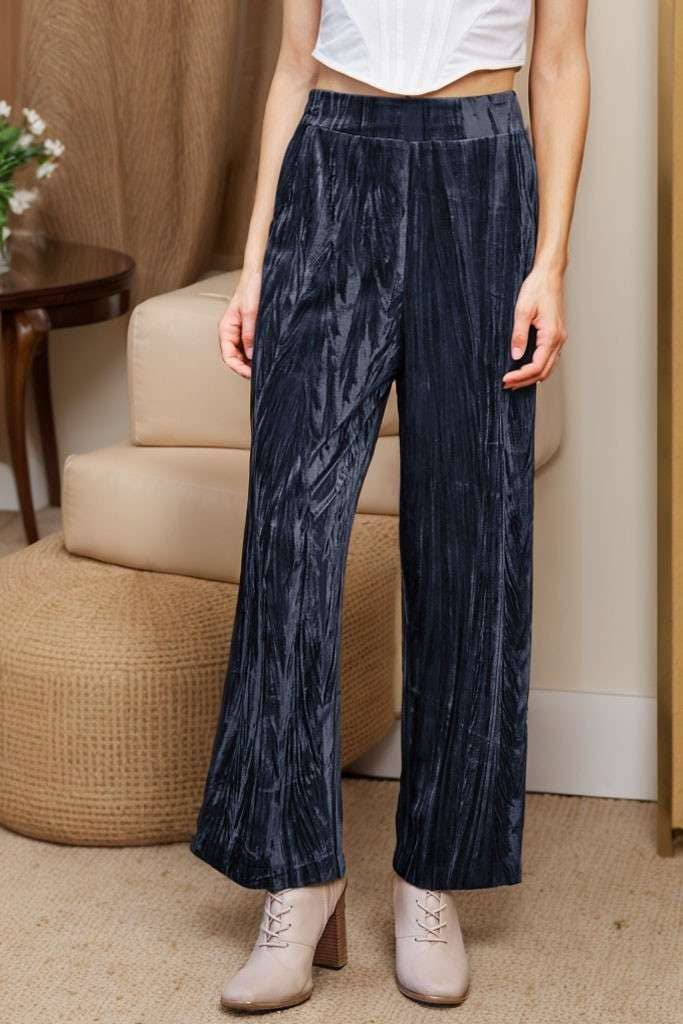 Crinkled Velvet Elastic-Back Wide-Leg Pants