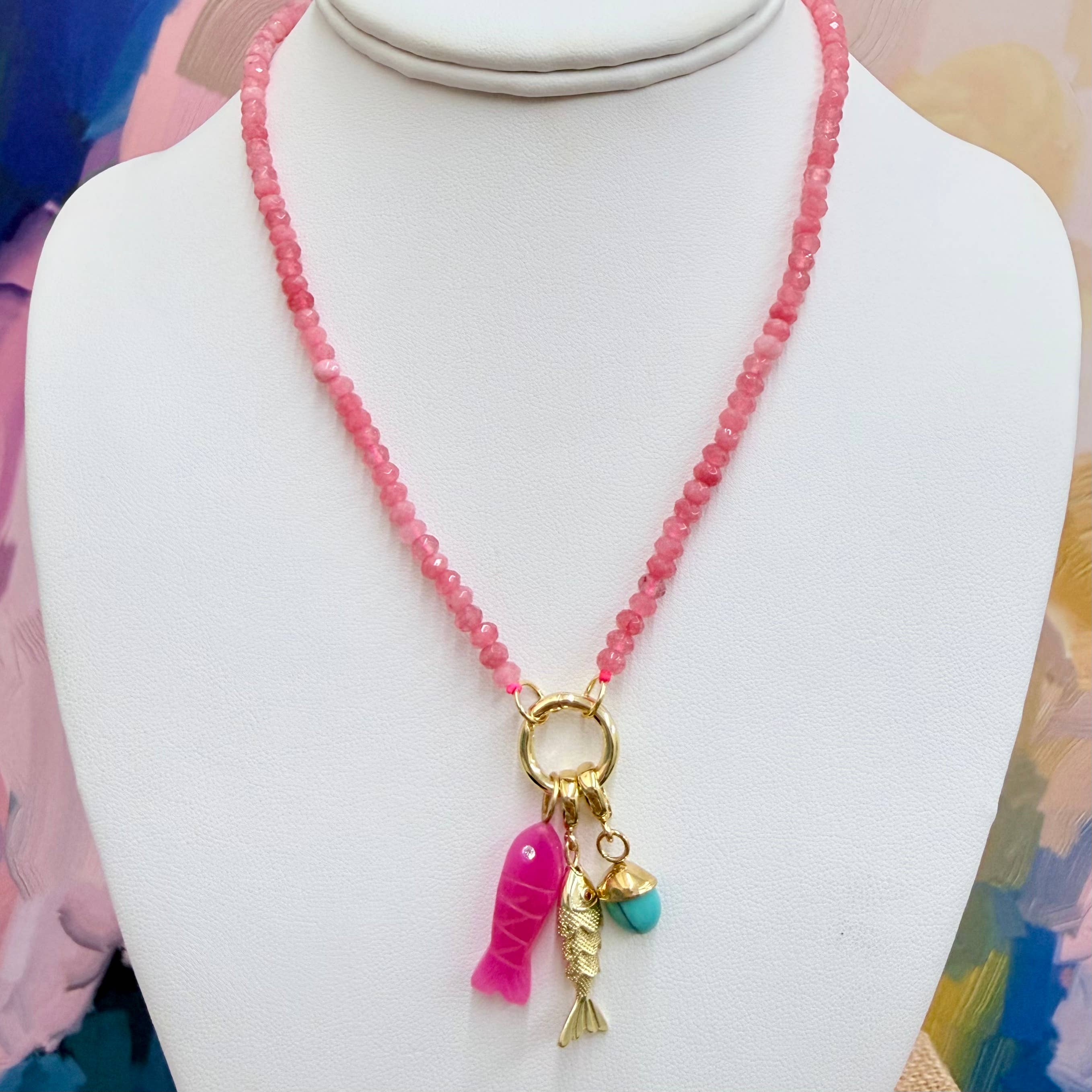 Pink Quartz + Pink Fish Necklace