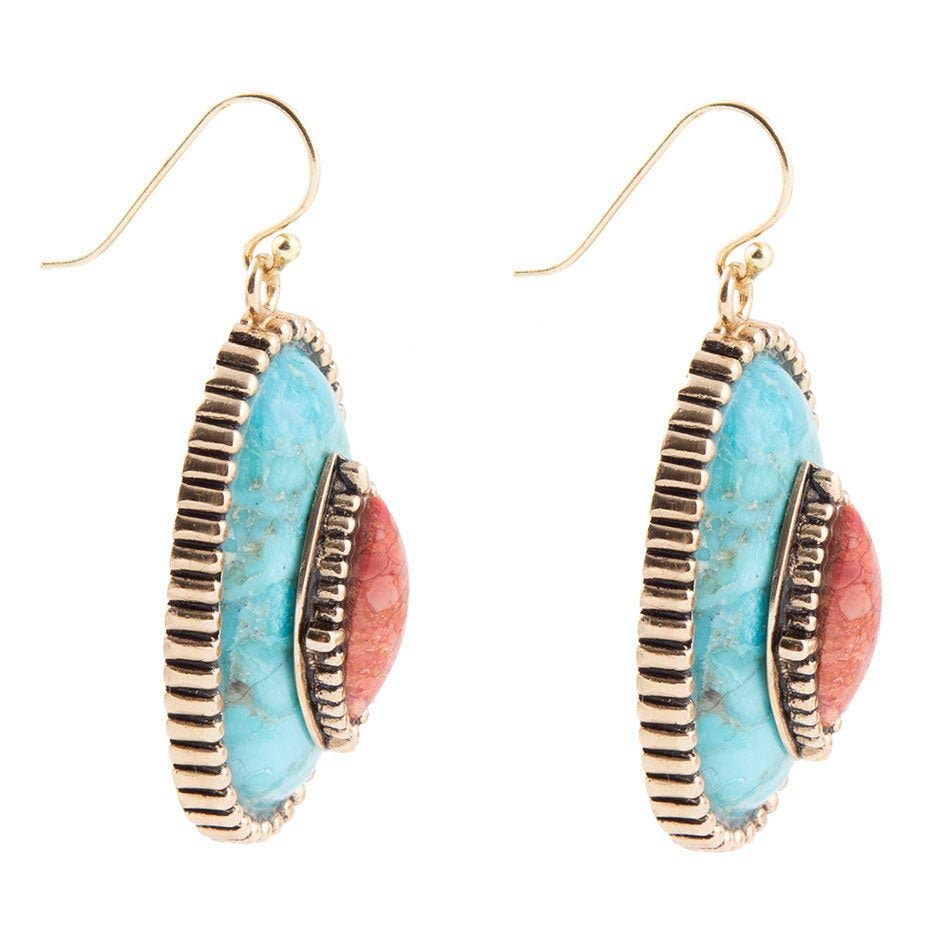 Stacked Stone Blue Turquoise Orange Sponge Coral Golden Drop Earrings