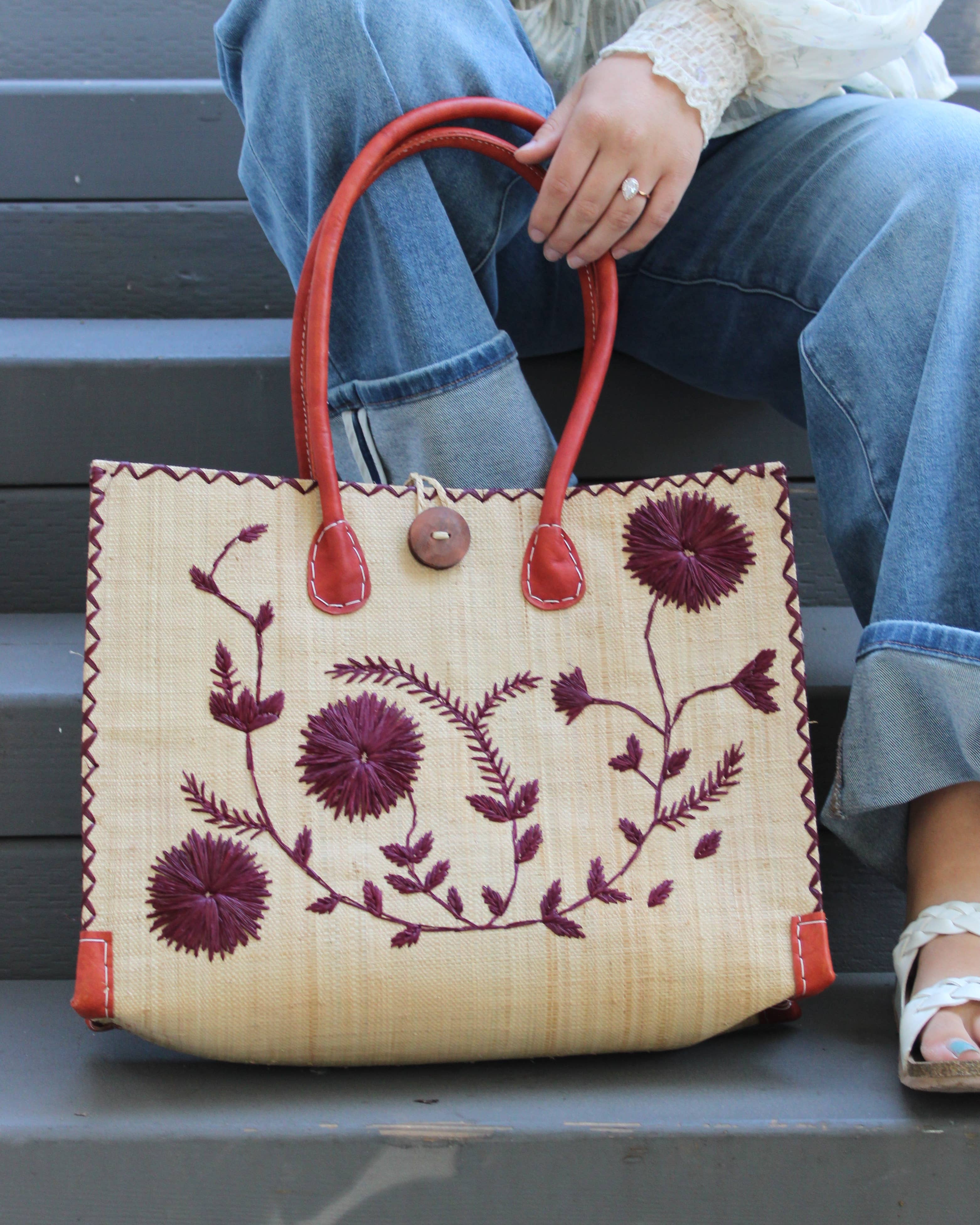 Zafran Small Embroidered Raffia Straw Beach Bag